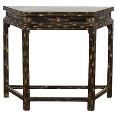 Vintage Chinese Faux Bamboo Demi-Lune Console Table with Landscape Décor