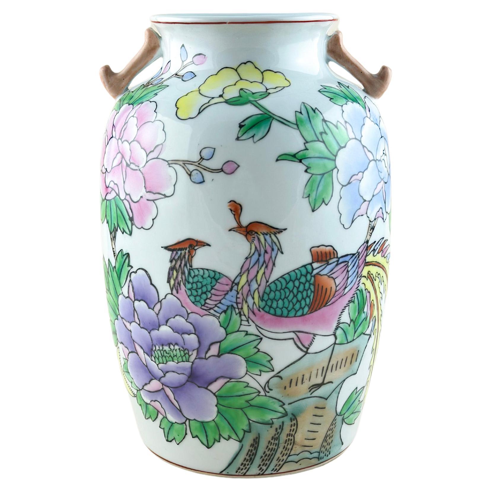 Vase chinois Fenghuang « style Kangxi » vintage avec poignées en forme de dragon en vente