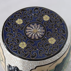 Vintage Chinese Figural Bird & Floral Pottery Garden Seat With Carved Wood Base