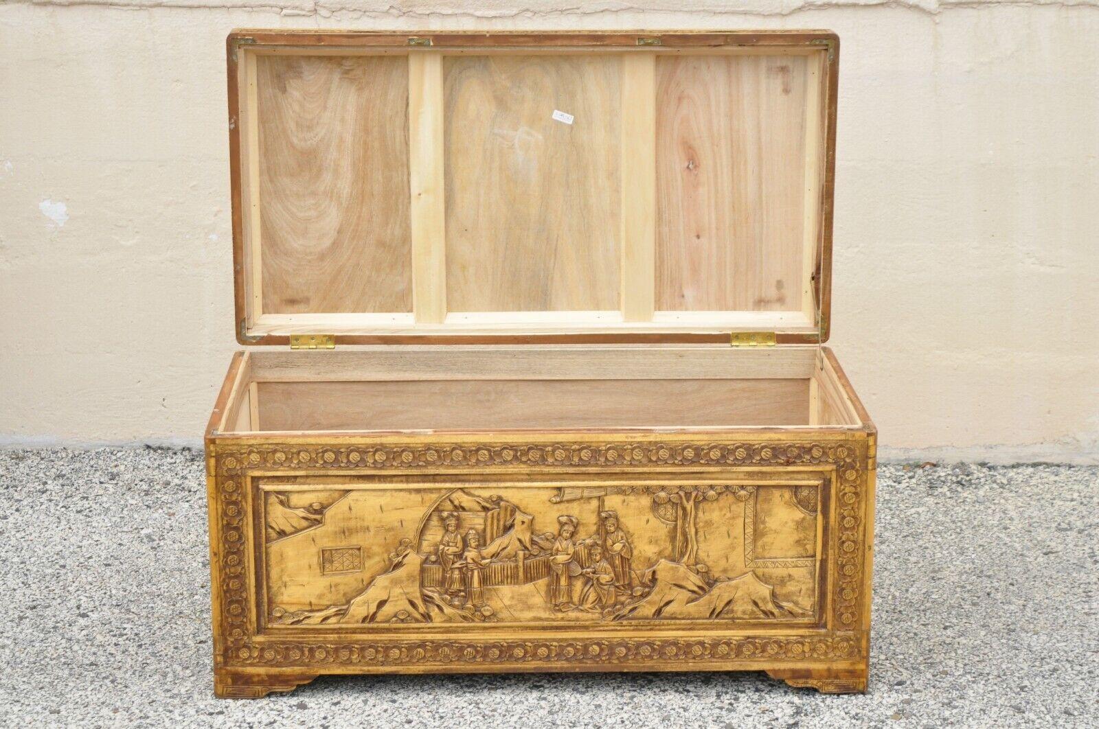 Vintage Chinese Figural Carved Teak Wood Camphor Blanket Chest Storage Trunk In Good Condition In Philadelphia, PA
