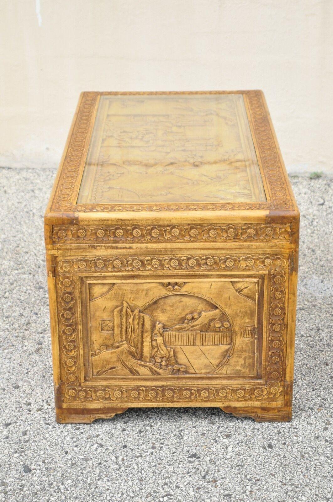 Vintage Chinese Figural Carved Teak Wood Camphor Blanket Chest Storage Trunk 4