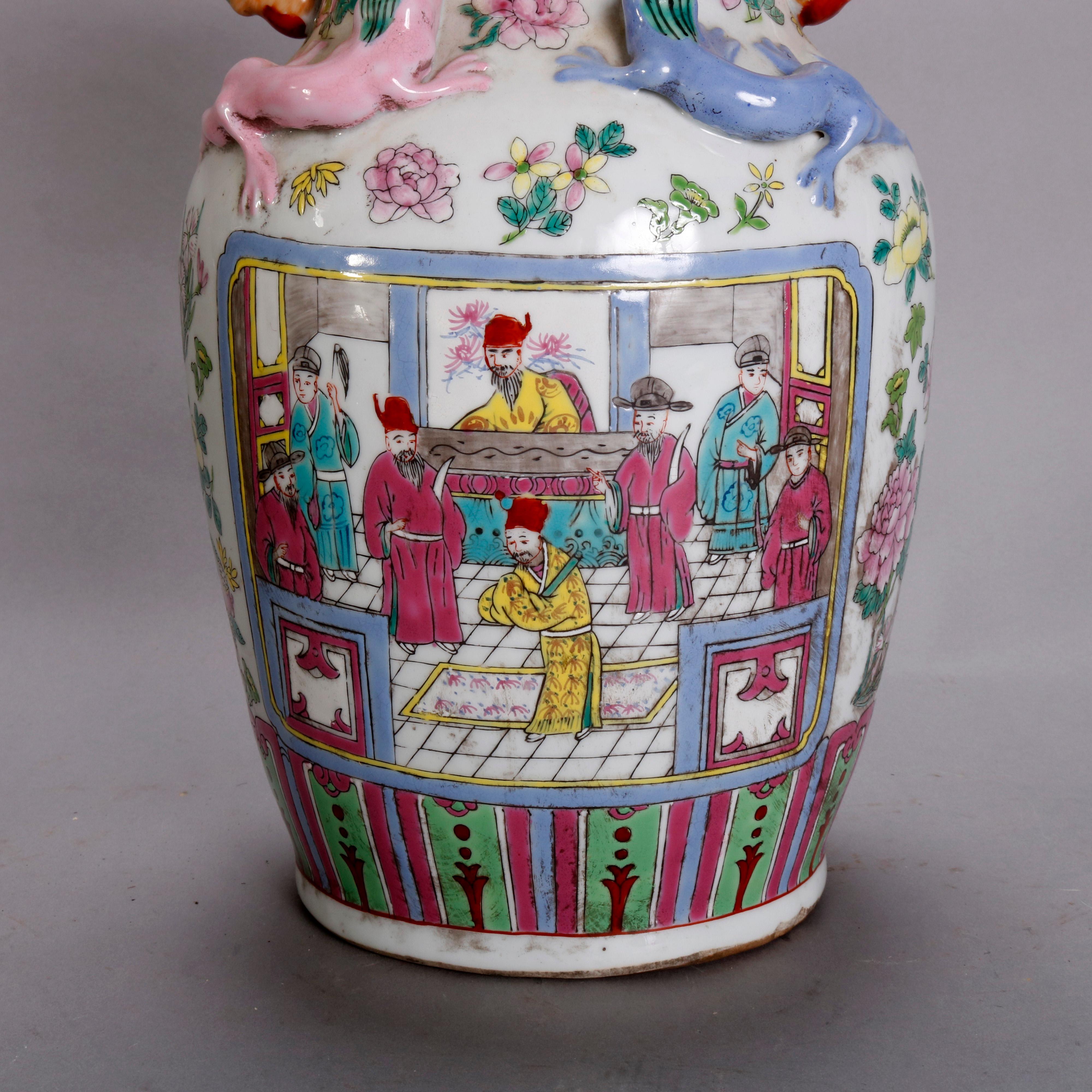 Vintage Chinese Figural Hand Enameled Porcelain Double Handle Vase, 20th Century 6