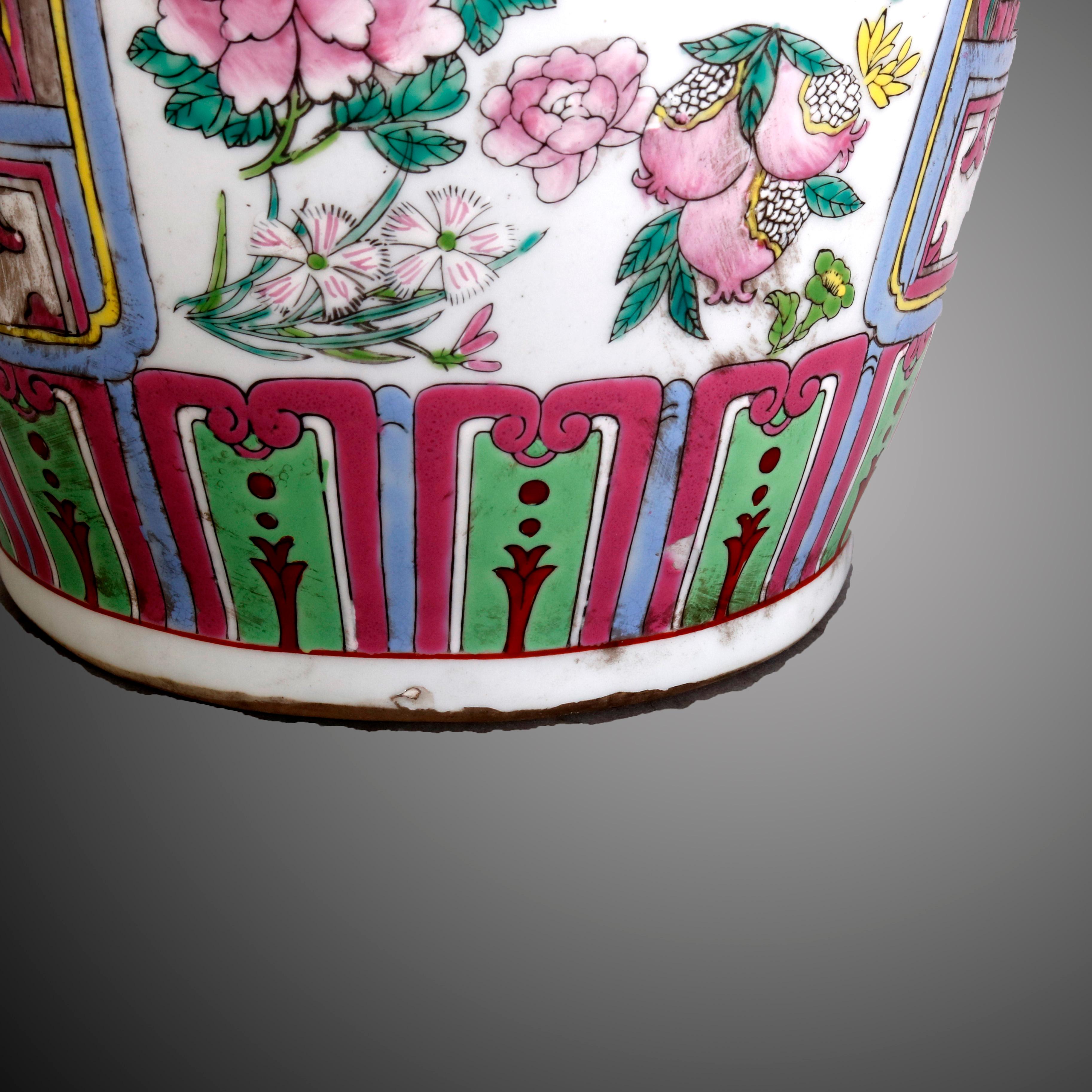 Vintage Chinese Figural Hand Enameled Porcelain Double Handle Vase, 20th Century In Good Condition In Big Flats, NY