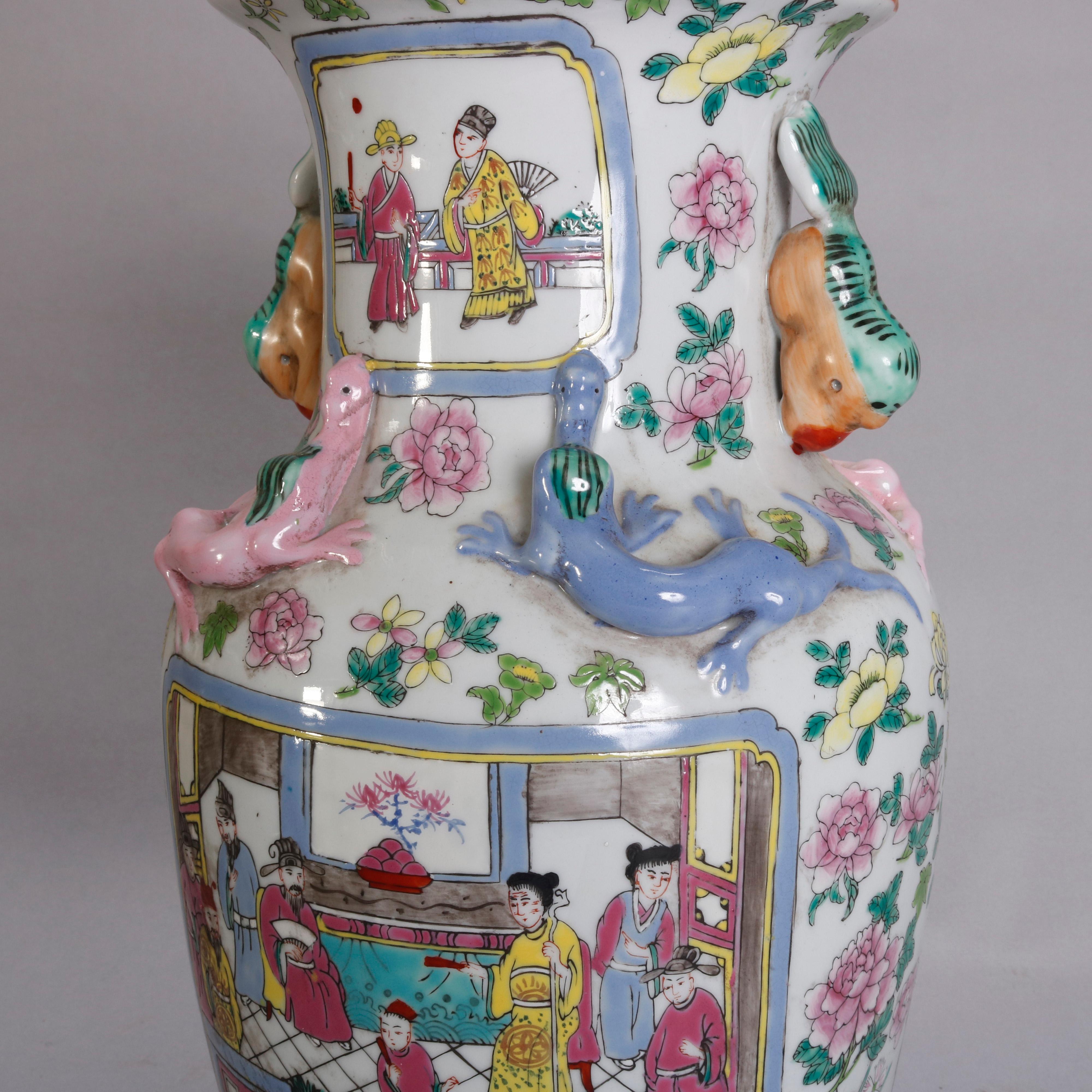 Ceramic Vintage Chinese Figural Hand Enameled Porcelain Double Handle Vase, 20th Century