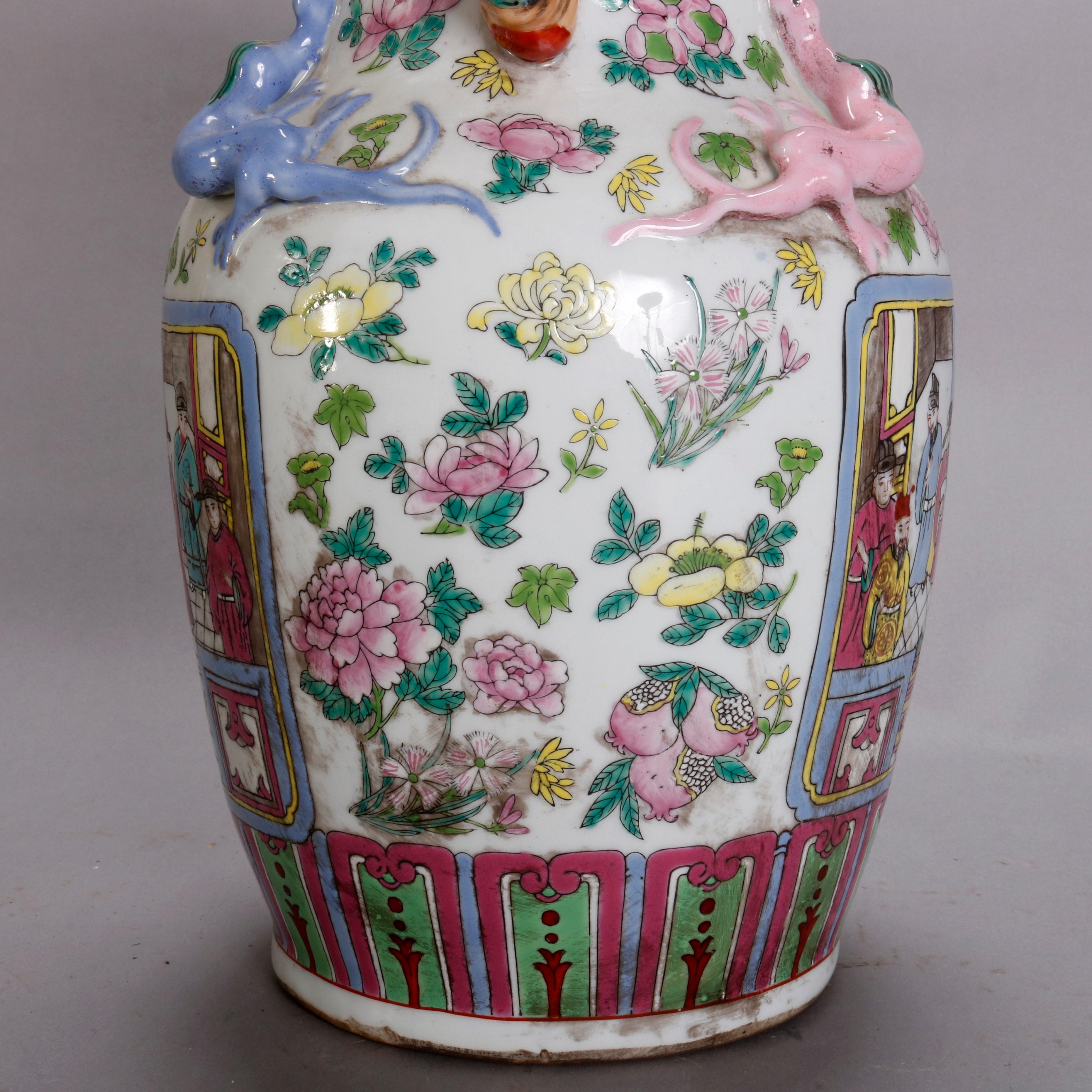 Vintage Chinese Figural Hand Enameled Porcelain Double Handle Vase, 20th Century 1