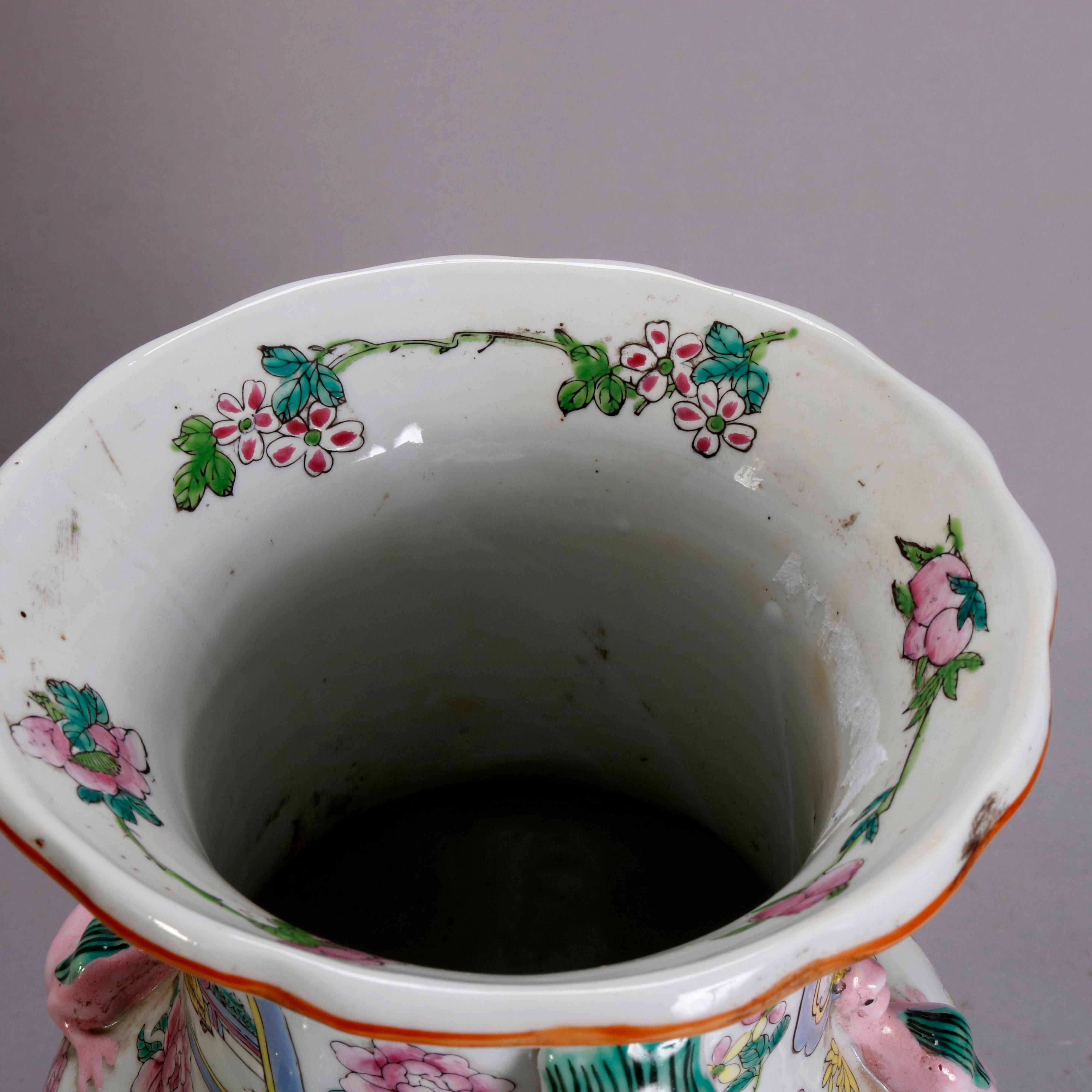 Vintage Chinese Figural Hand Enameled Porcelain Double Handle Vase, 20th Century 2