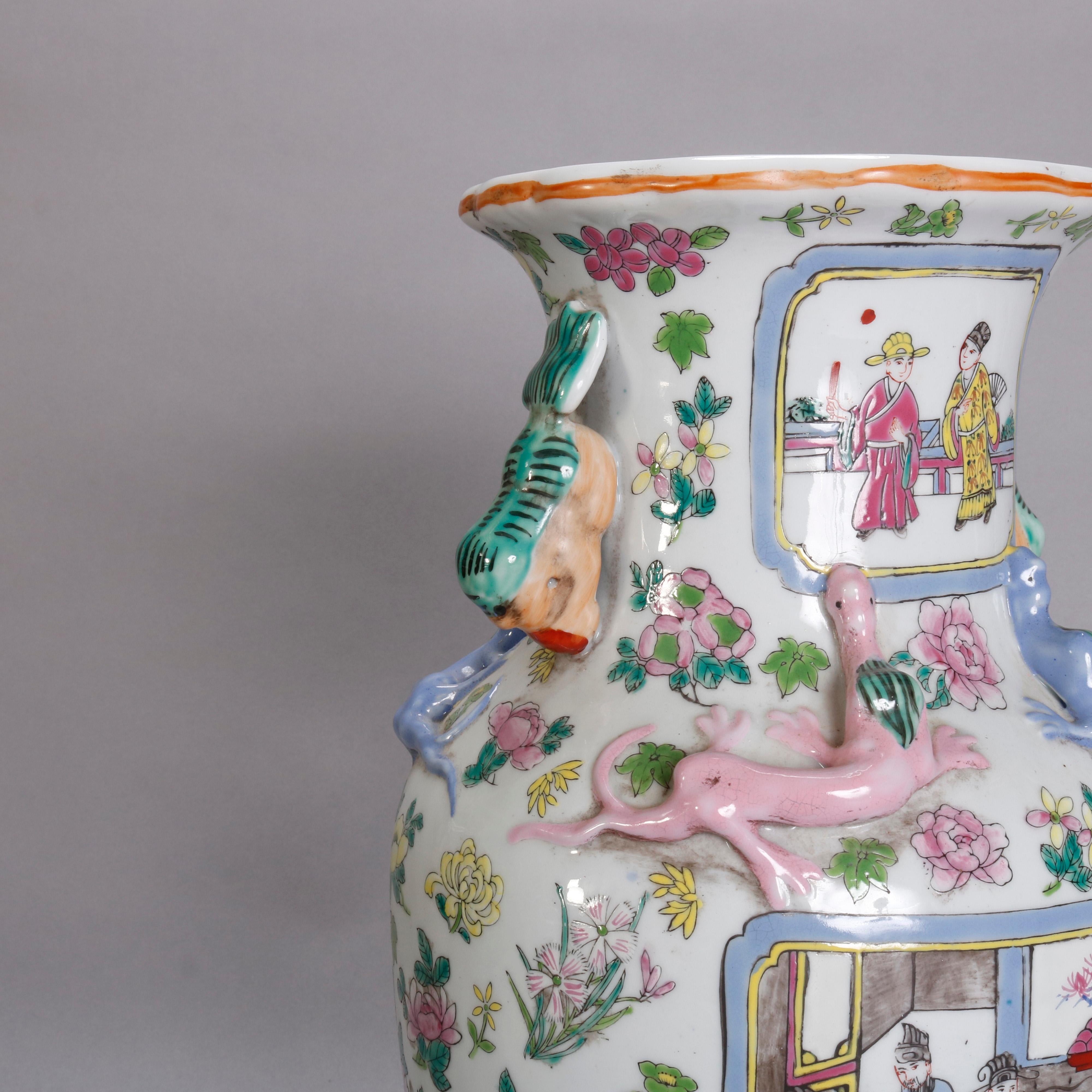 Vintage Chinese Figural Hand Enameled Porcelain Double Handle Vase, 20th Century 3