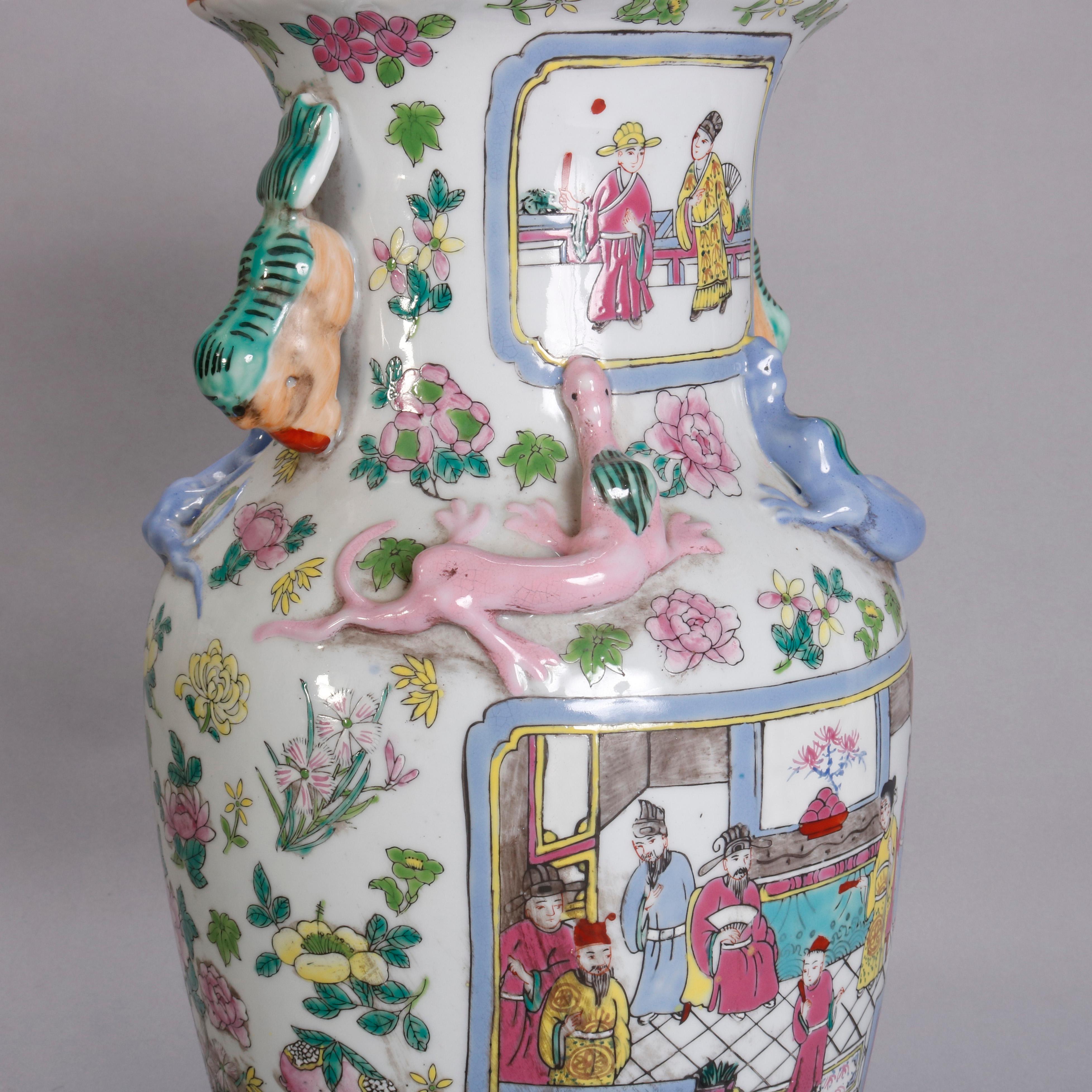 Vintage Chinese Figural Hand Enameled Porcelain Double Handle Vase, 20th Century 4