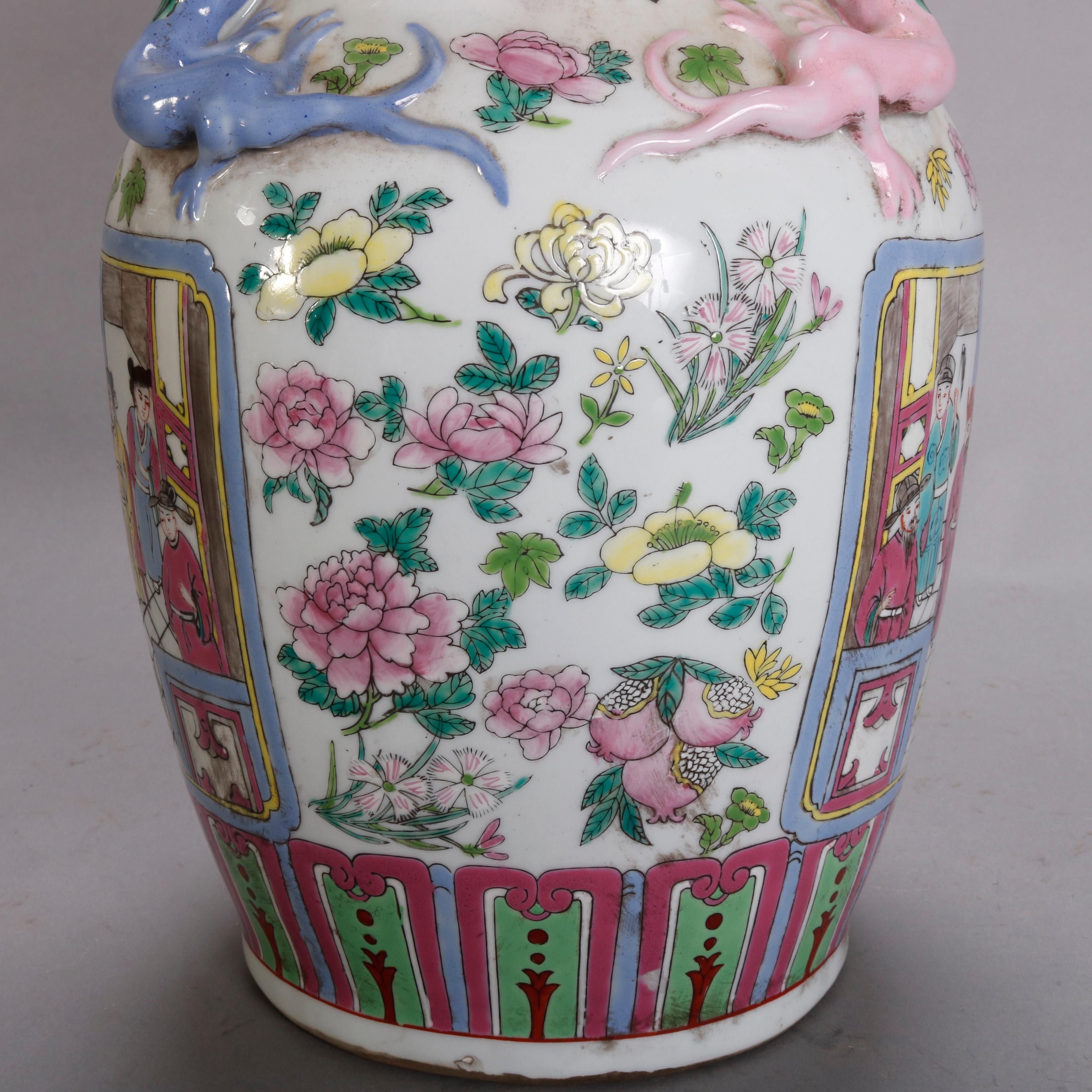 Vintage Chinese Figural Hand Enameled Porcelain Double Handle Vase, 20th Century 5