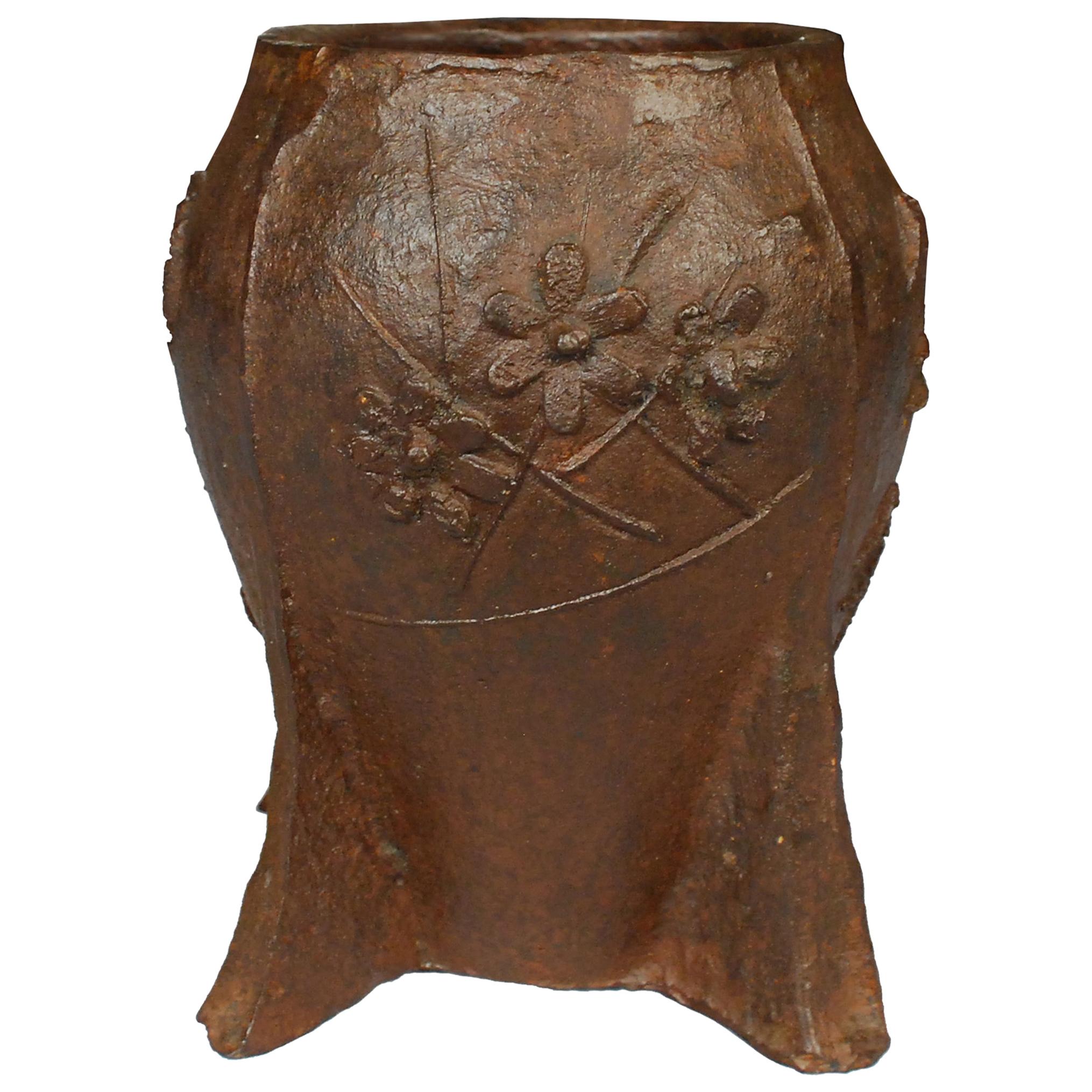 Vintage Chinese Floral Cast Iron Mortar