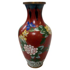 Retro Chinese Floral Champleve Vase Enamel-Over-Brass