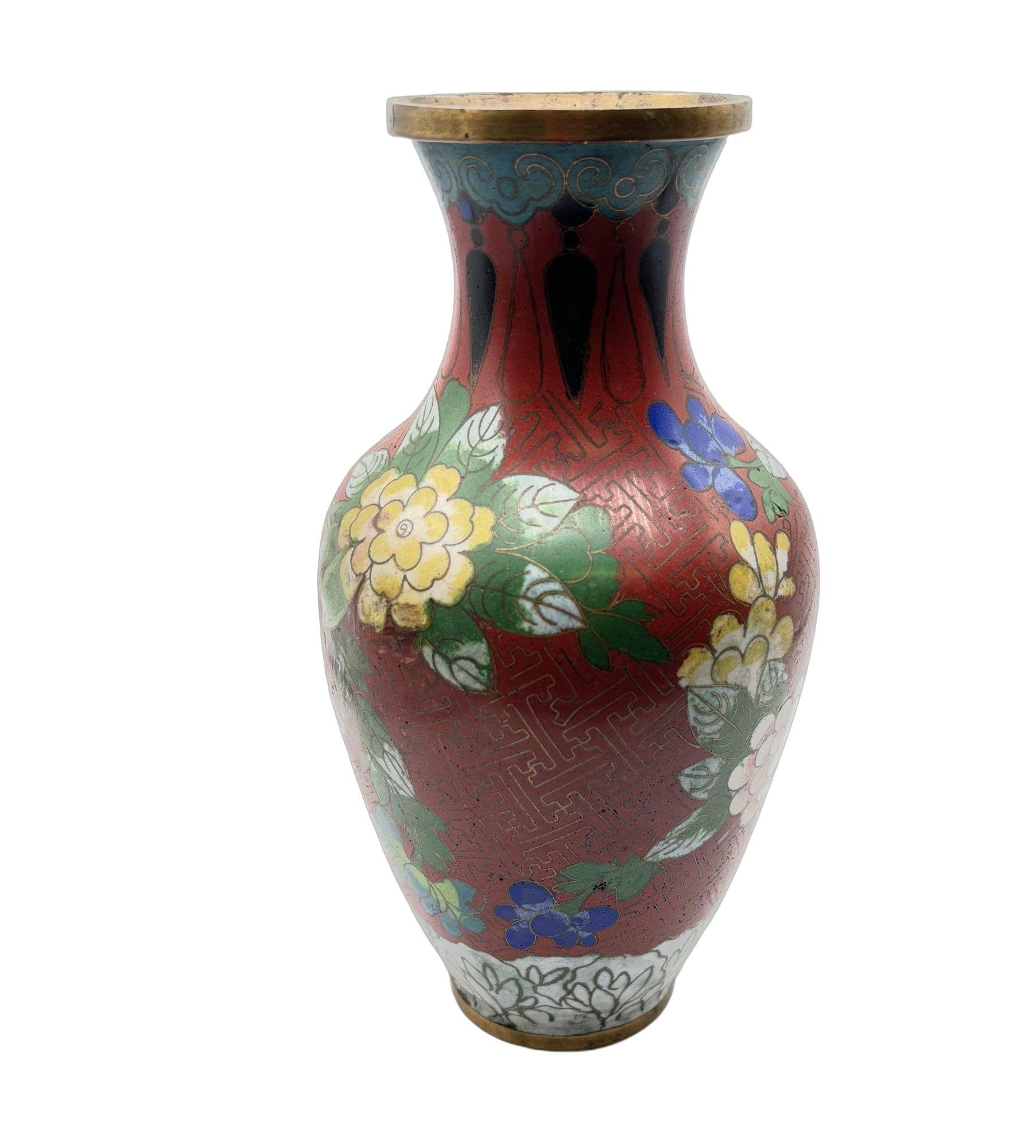 Vintage Chinese Floral Cloisonné Vase Enamel-Over-Brass For Sale 4