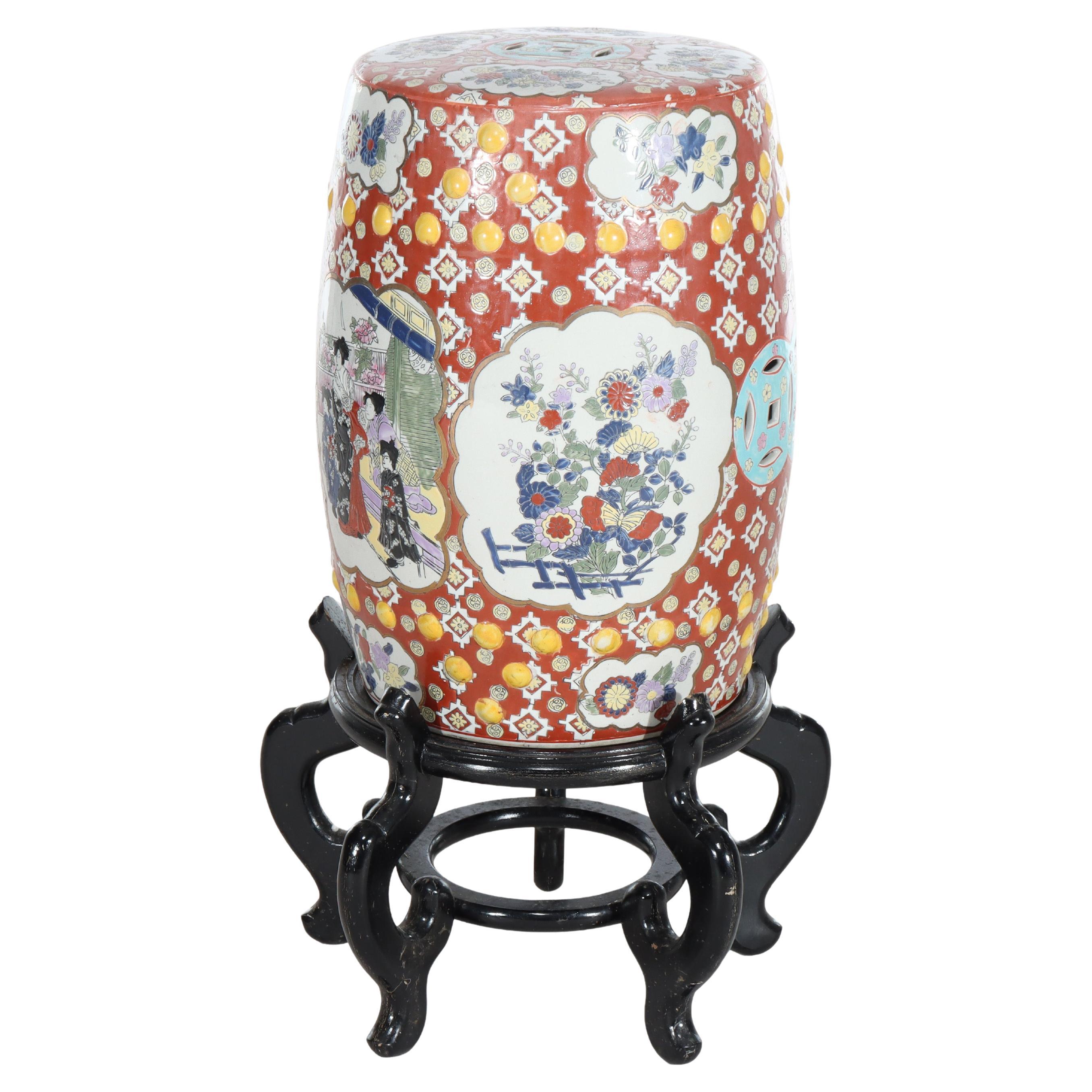 Vintage Chinese Floral
Genre Scene Pottery Garden Seat With Carved Wood Base