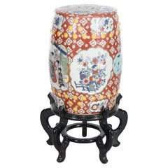 Vintage Chinese Floral
Genre Scene Pottery Garden Seat With Carved Wood Base