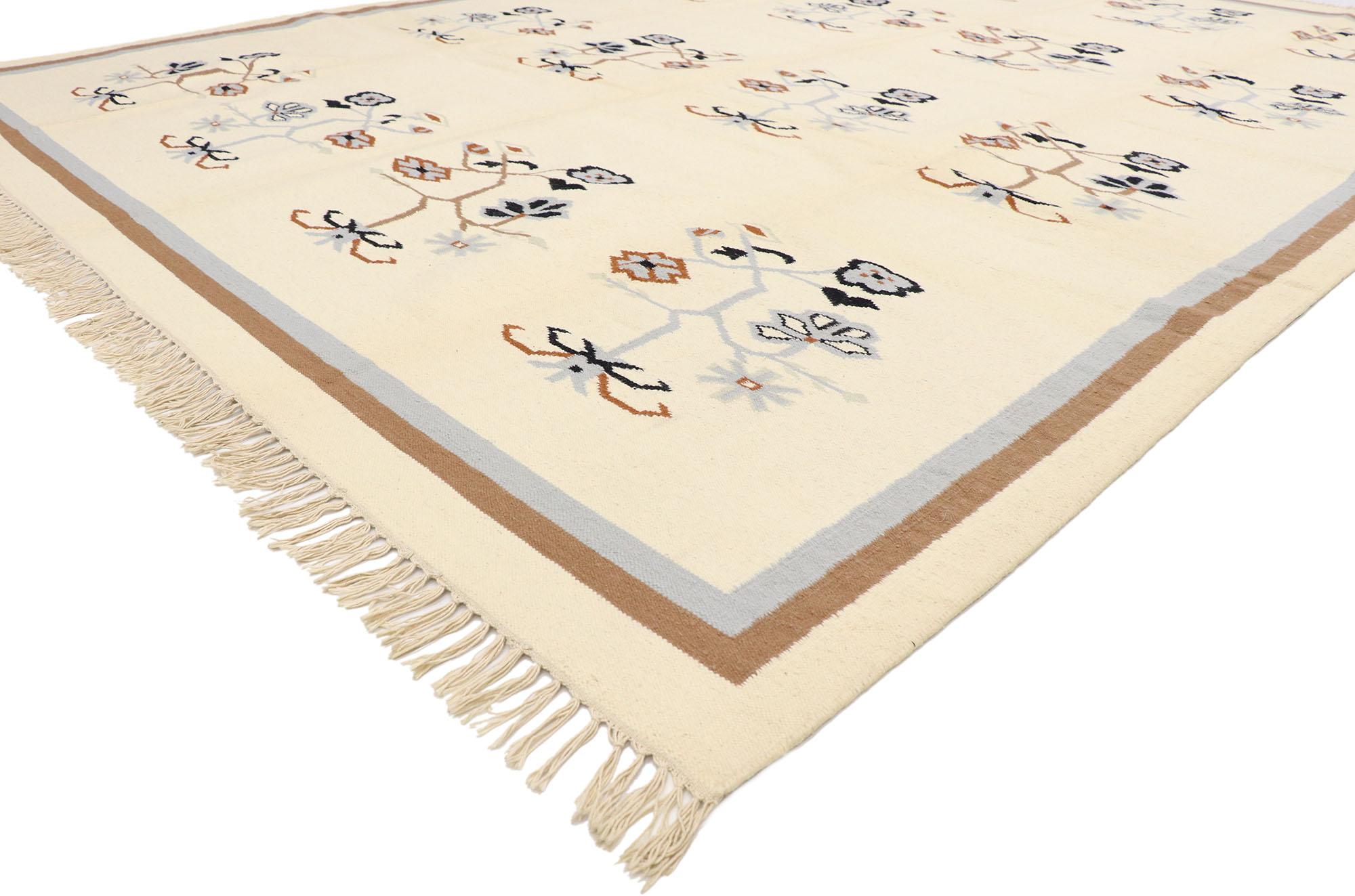 78057 vintage Chinese Floral Kilim rug with Modern style 08'08 x 11'08. Delicately feminine and beautifully traditional, this hand-woven wool vintage Chinese floral kilim rug is poised to impress. The abrashed beige field features an all-over floral