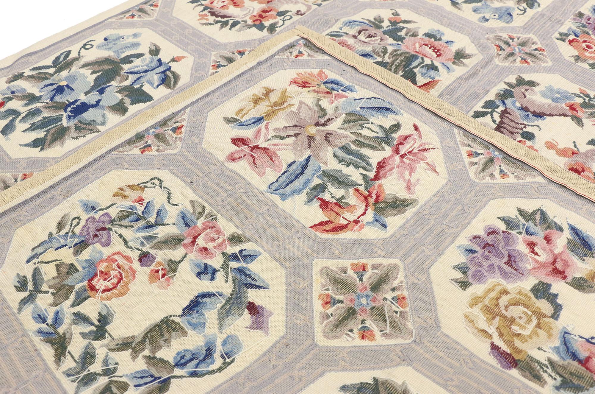 Hand-Knotted Vintage Chinese Floral Needlepoint Rug with French Country Style