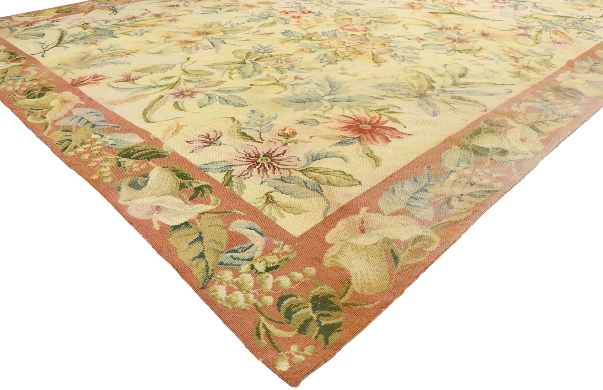 74924 vintage Chinese Floral Needlepoint rug with Garden Conservatory style. Blossoming with all kinds of beauty, this handwoven wool vintage Chinese needlepoint rug with Garden conservatory style is the epitome of nature's summertime abundance. A