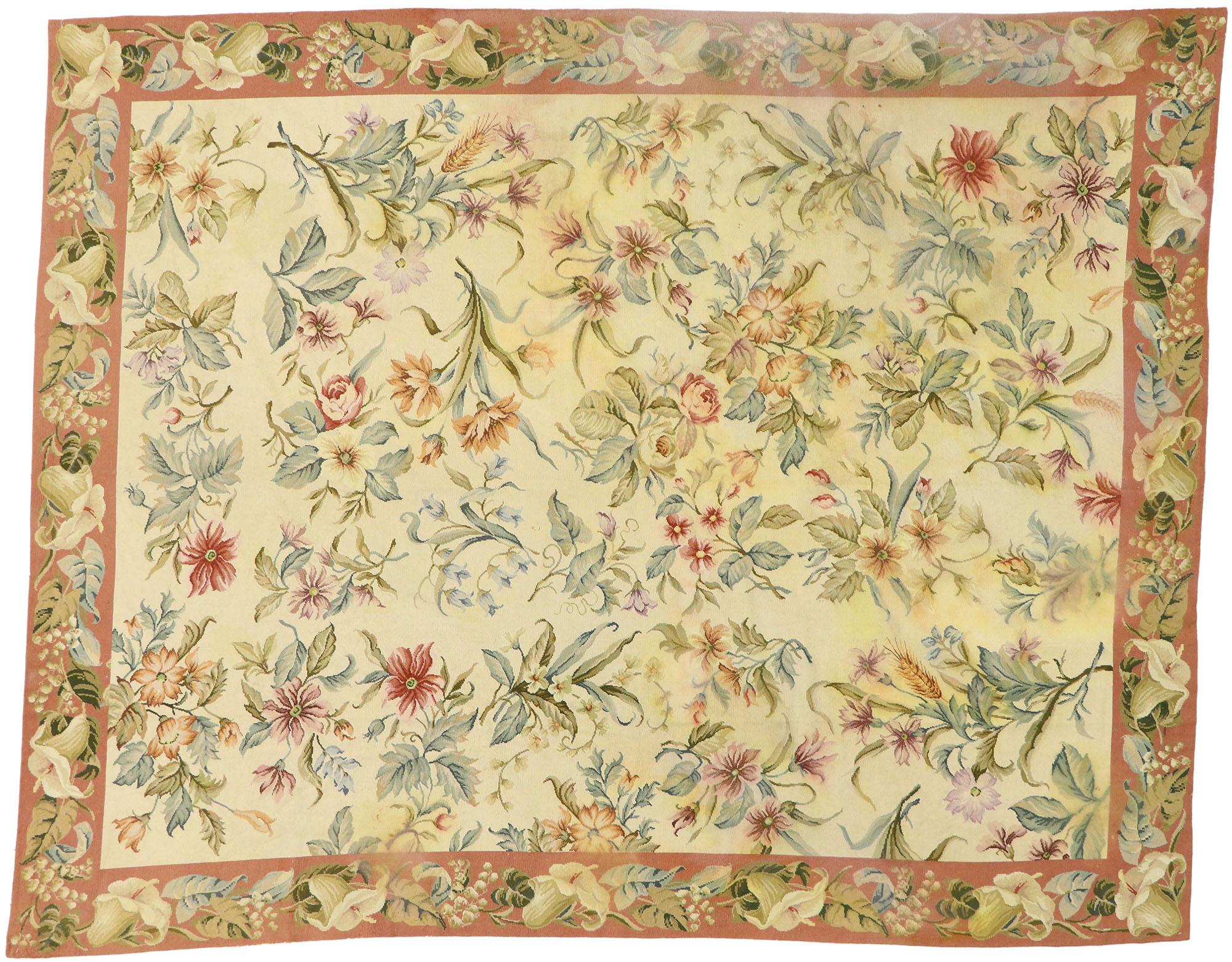 20th Century Vintage Chinese Floral Needlepoint Rug with Garden Conservatory Style For Sale