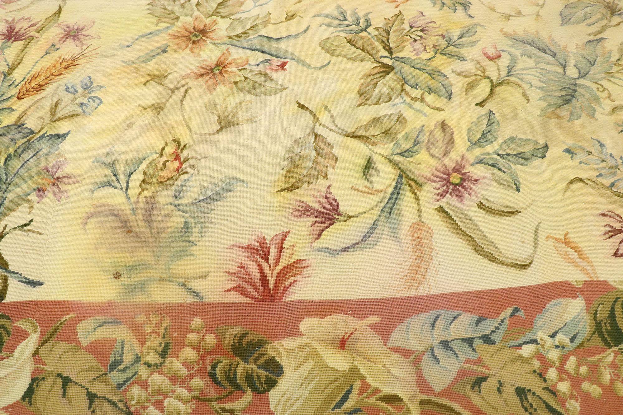 Wool Vintage Chinese Floral Needlepoint Rug with Garden Conservatory Style For Sale