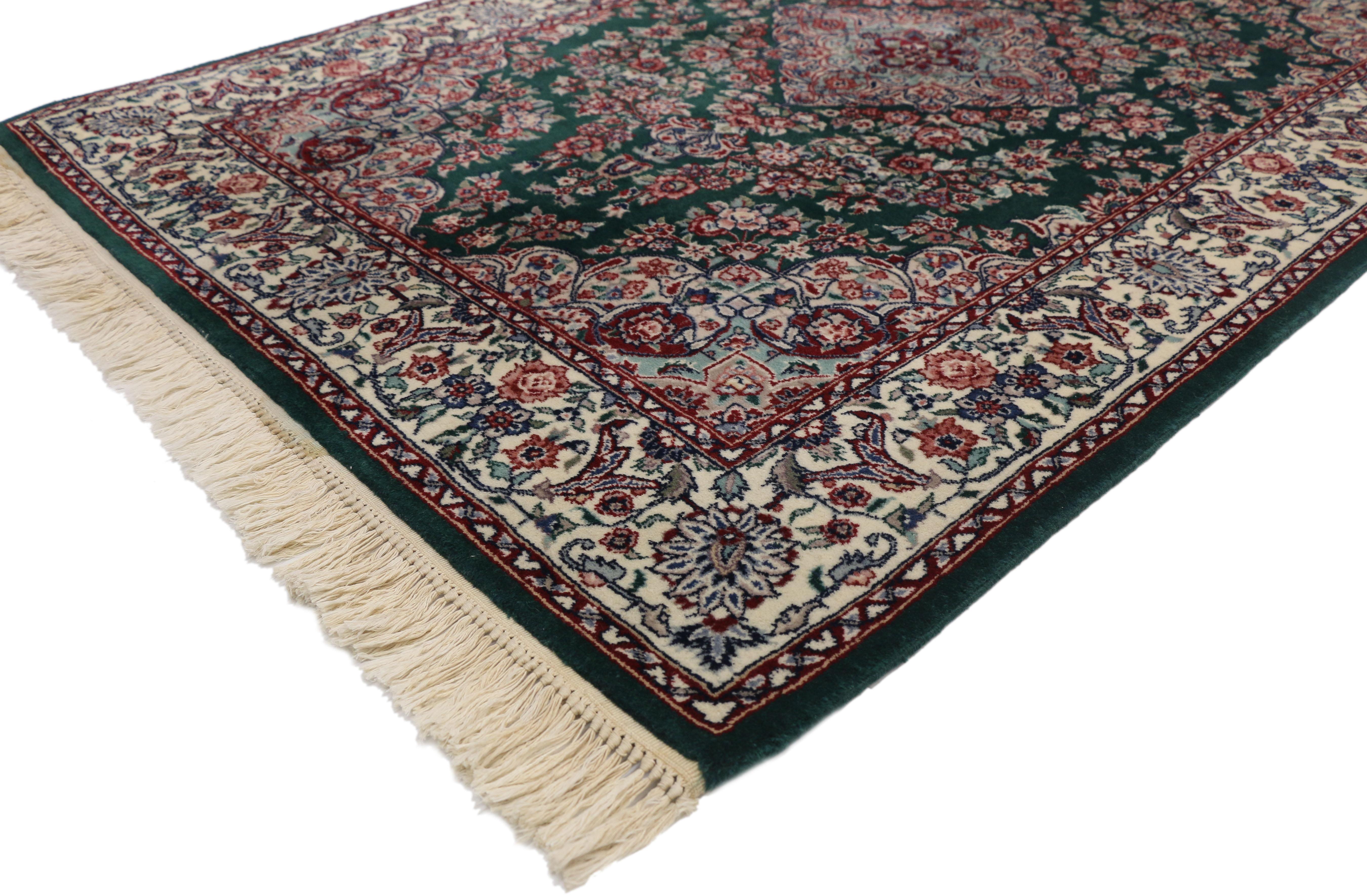77295 vintage Chinese Floral rug with Persian Design and English Country style. This hand knotted wool vintage Chinese floral rug beautifully embodies a traditional Persian design and English Country style. It features a traditional lobed diamond
