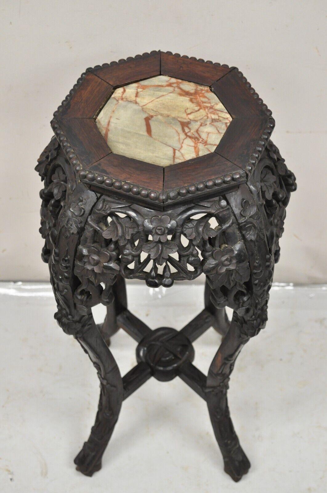 Vintage Chinese Flower and Vine Carved Hardwood Marble Top Plant Stand Table 4