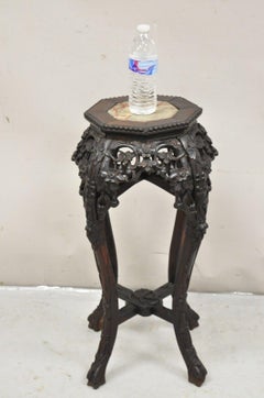 Vintage Chinese Flower and Vine Carved Hardwood Marble Top Plant Stand Table