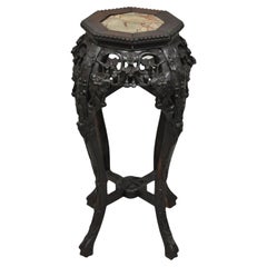 Vintage Chinese Flower and Vine Carved Hardwood Marble Top Plant Stand Table