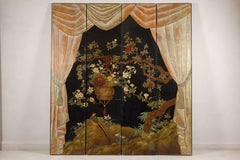Vintage Chinese Four-Panel Hand-Painted Lacquer Screen, Floral and Bird Motifs