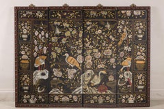 Vintage Chinese Four-Panel Painted Screen with Cranes and Blossoms