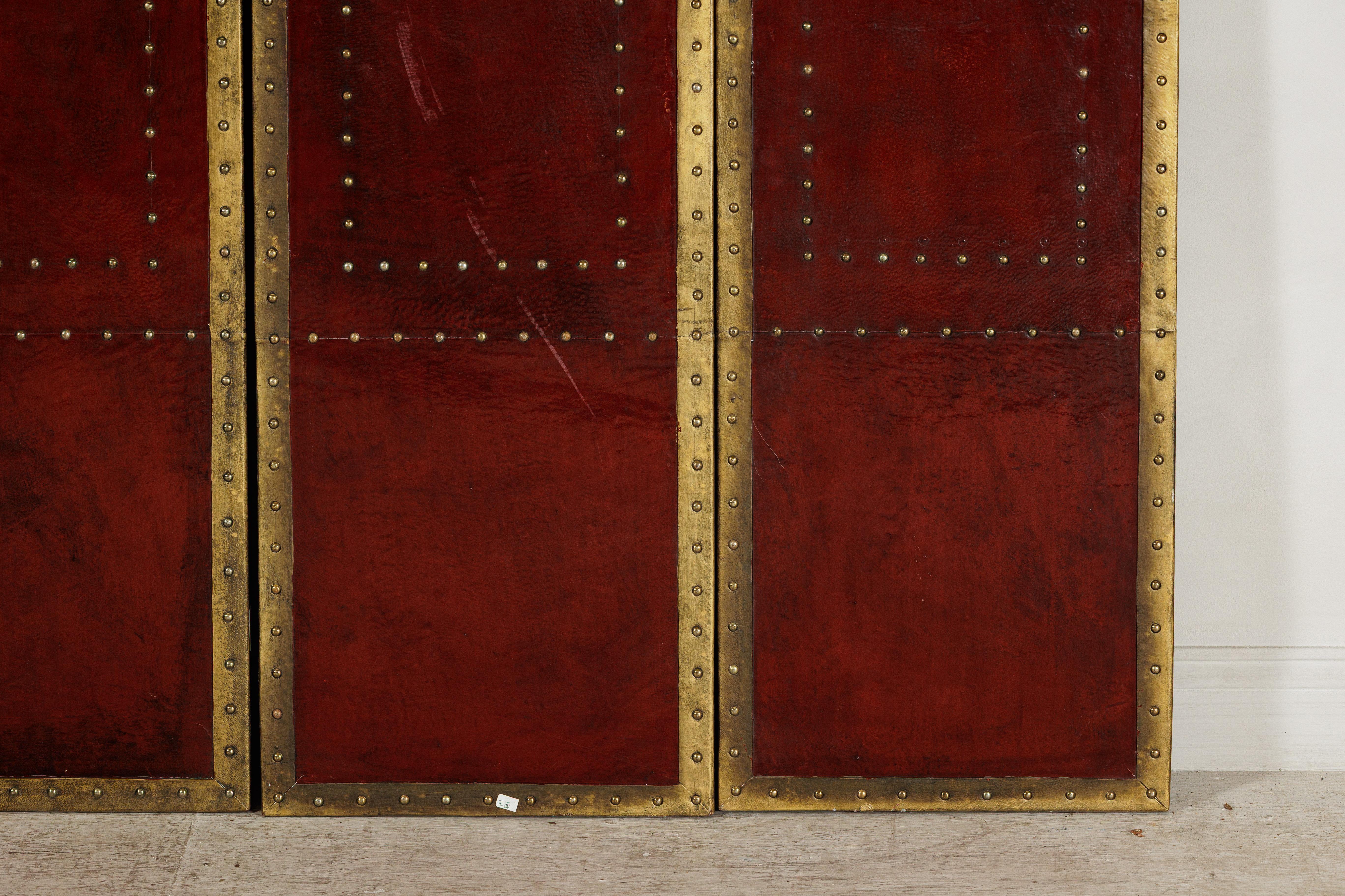 Vintage Chinese Four-Panel Screen in Oxblood Leather with Brass Nailhead Trim For Sale 6