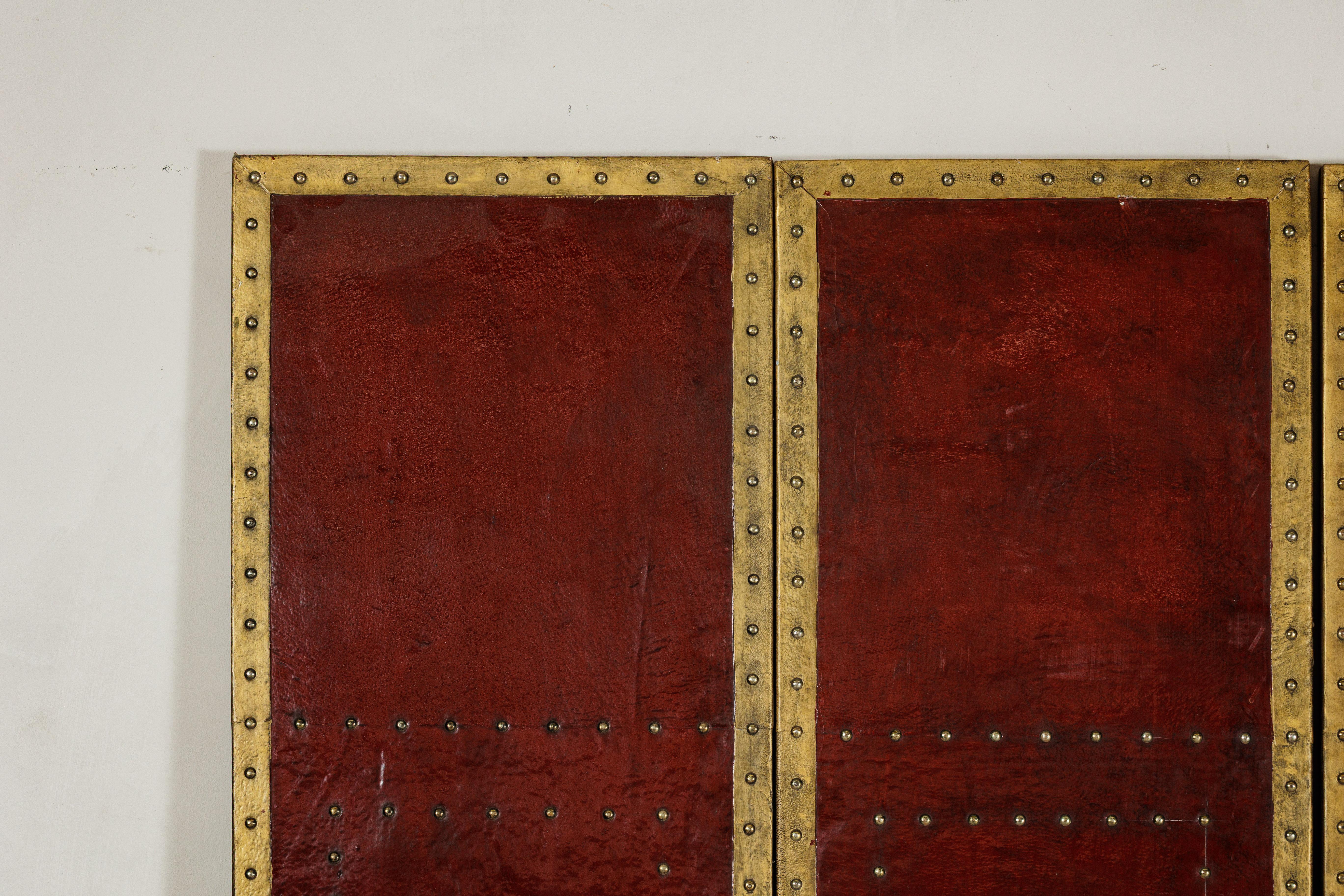 Vintage Chinese Four-Panel Screen in Oxblood Leather with Brass Nailhead Trim For Sale 7