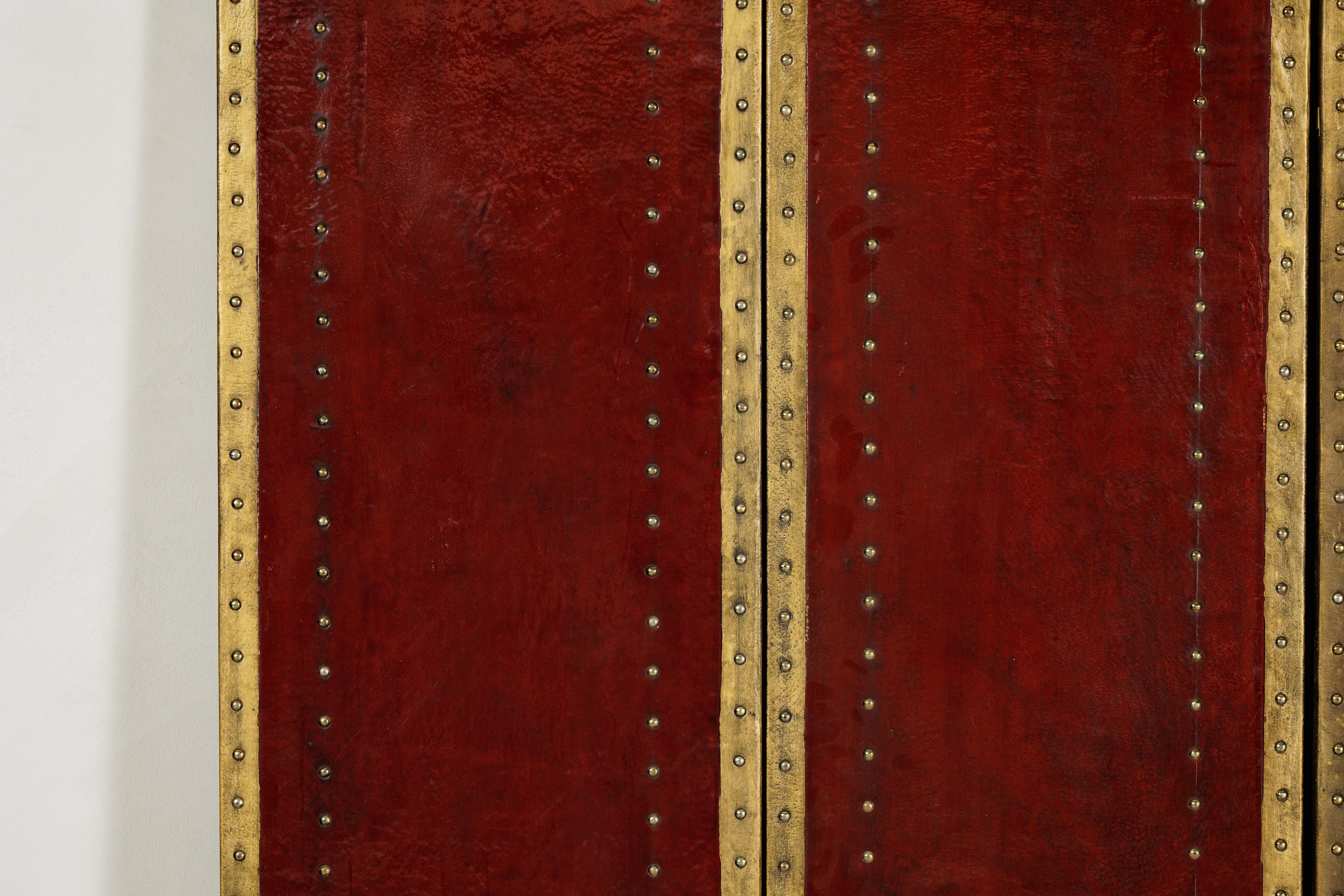 Vintage Chinese Four-Panel Screen in Oxblood Leather with Brass Nailhead Trim For Sale 8