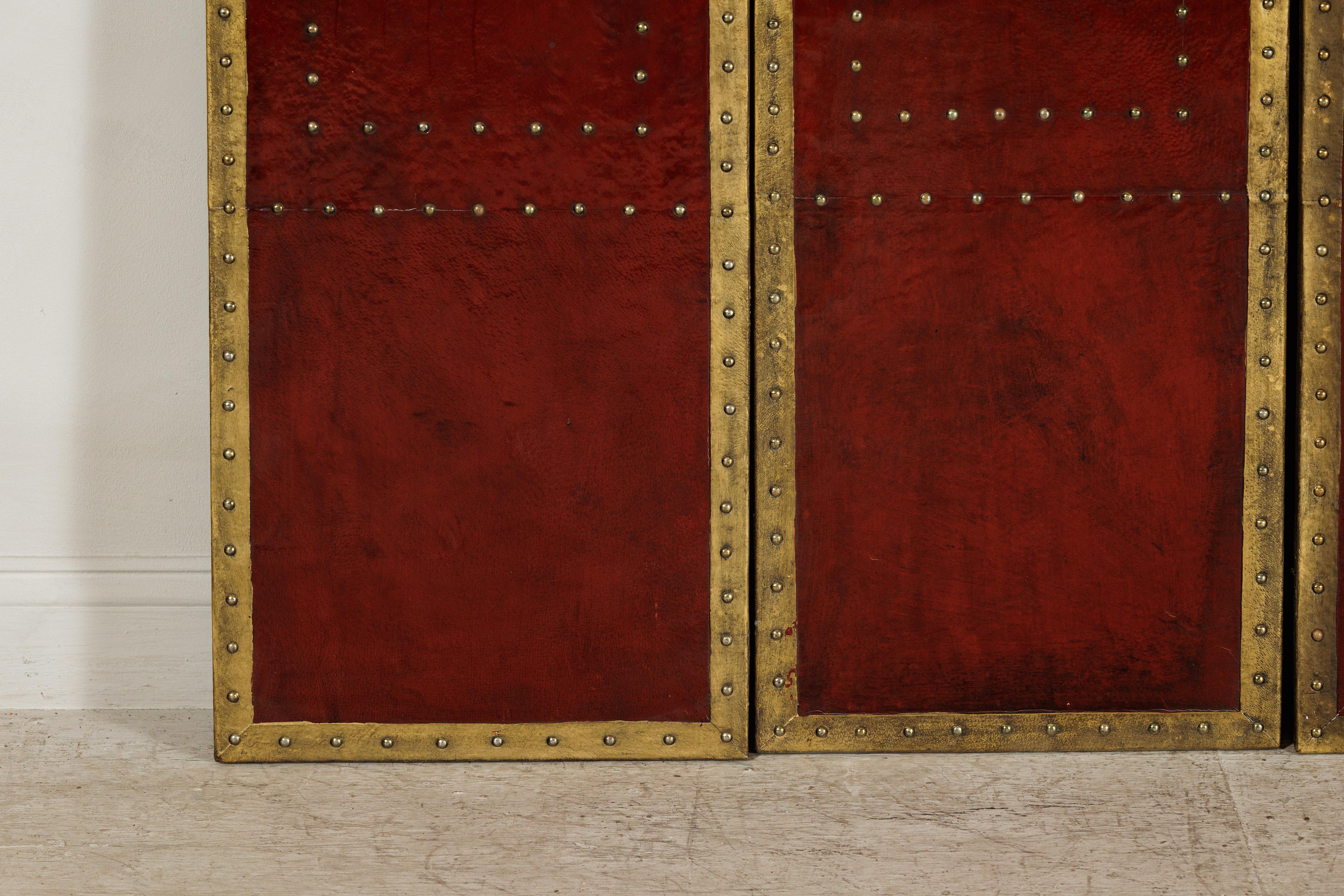 Vintage Chinese Four-Panel Screen in Oxblood Leather with Brass Nailhead Trim For Sale 9