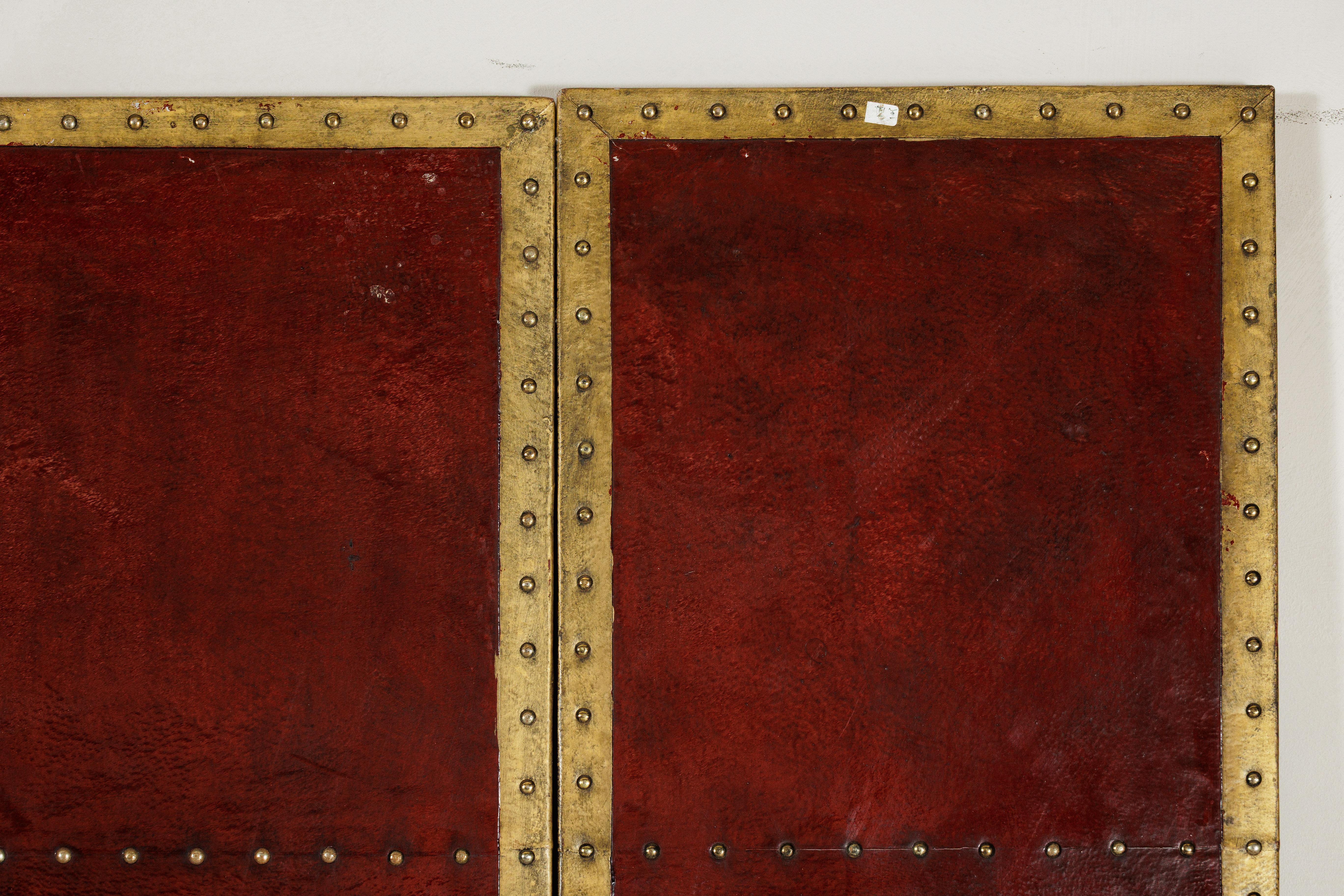 Vintage Chinese Four-Panel Screen in Oxblood Leather with Brass Nailhead Trim For Sale 10