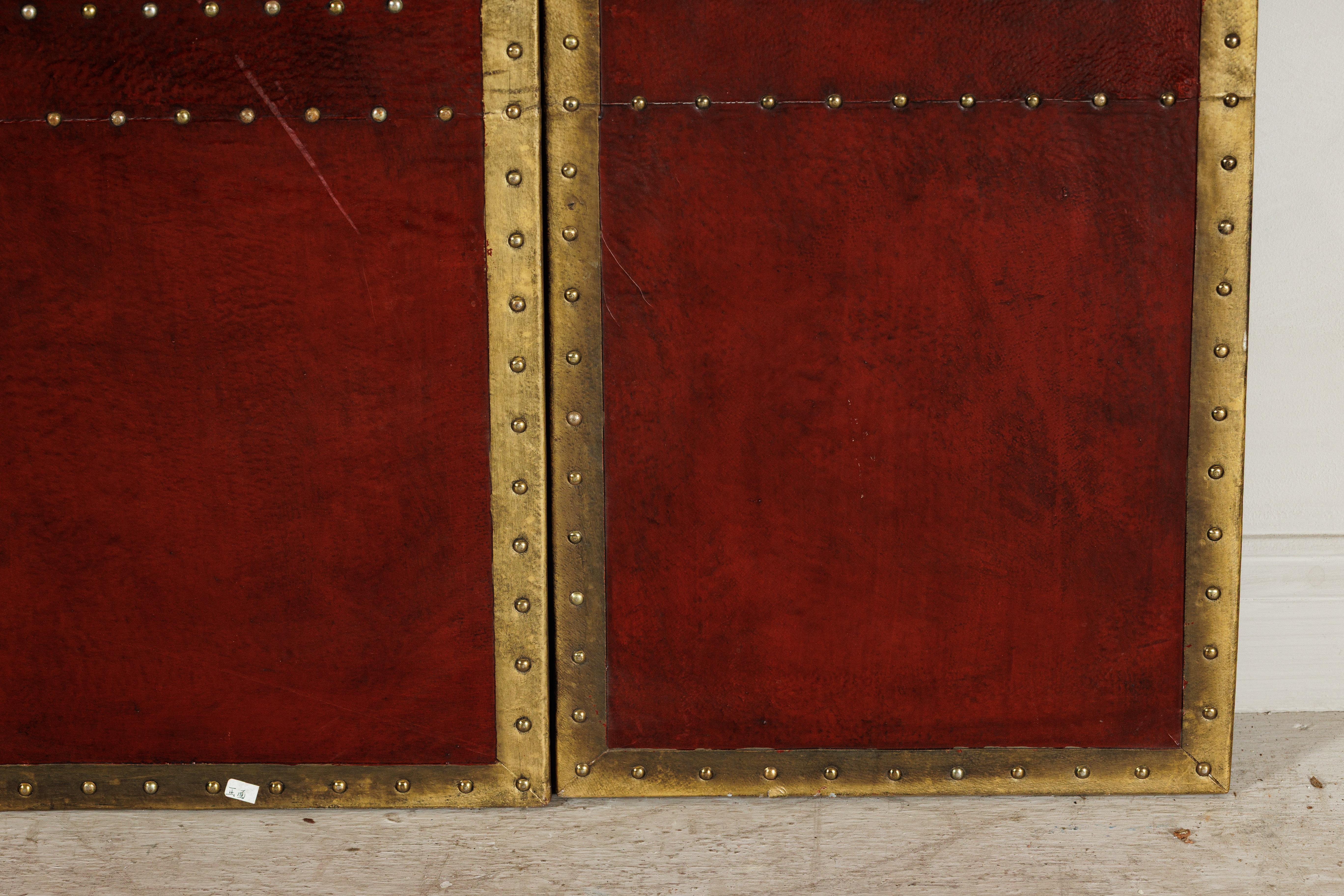 Vintage Chinese Four-Panel Screen in Oxblood Leather with Brass Nailhead Trim For Sale 12