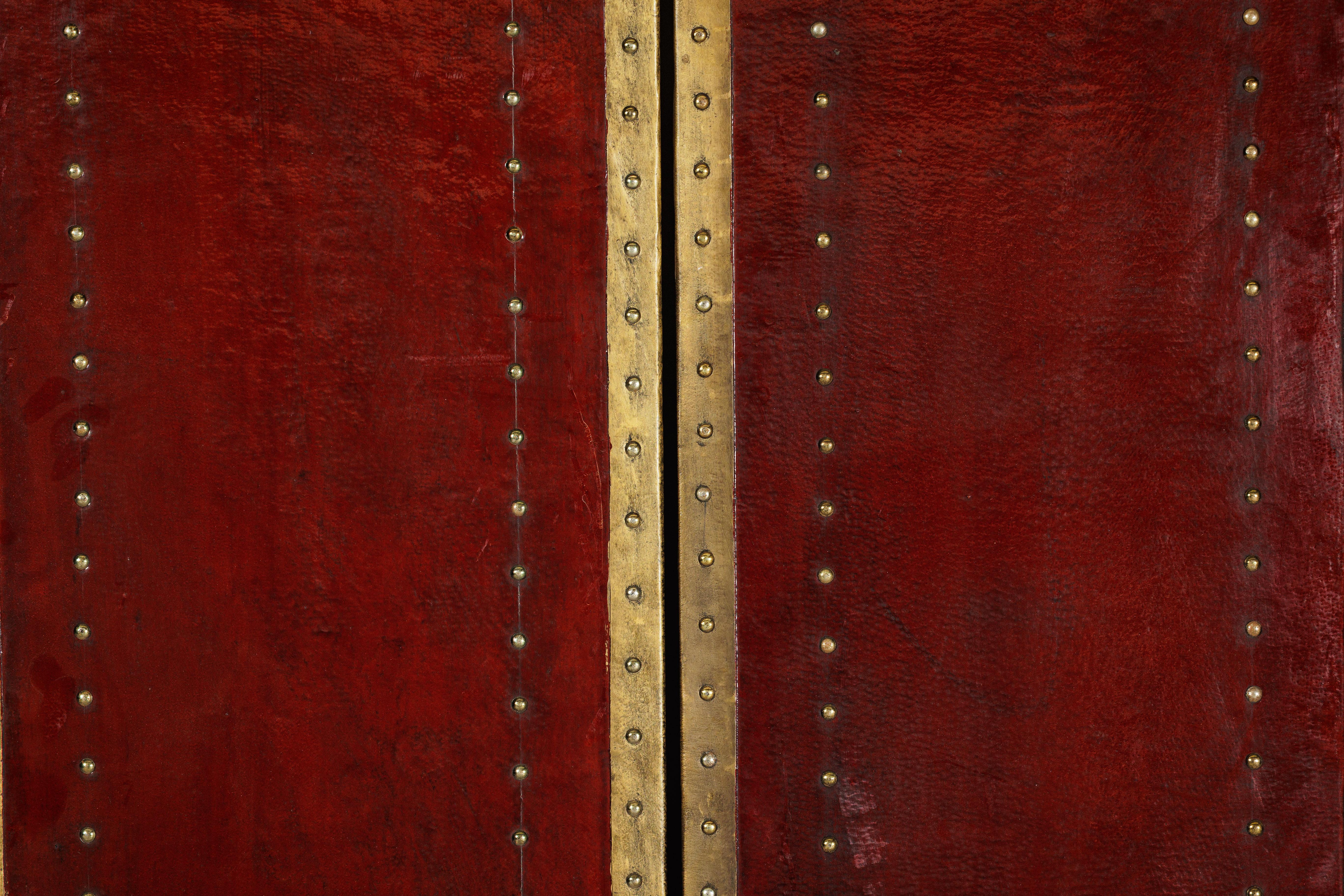 Vintage Chinese Four-Panel Screen in Oxblood Leather with Brass Nailhead Trim For Sale 13