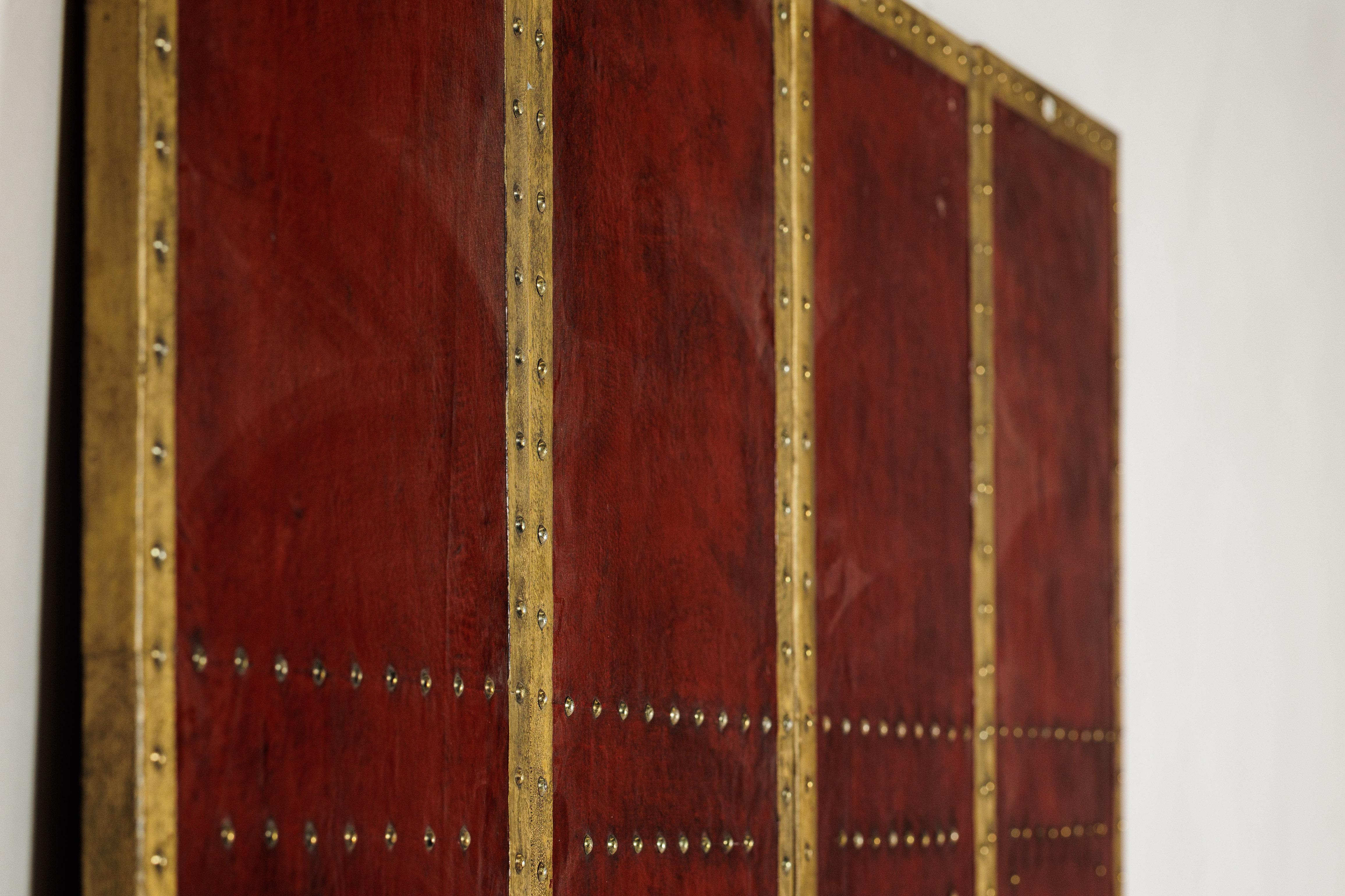 Vintage Chinese Four-Panel Screen in Oxblood Leather with Brass Nailhead Trim For Sale 14