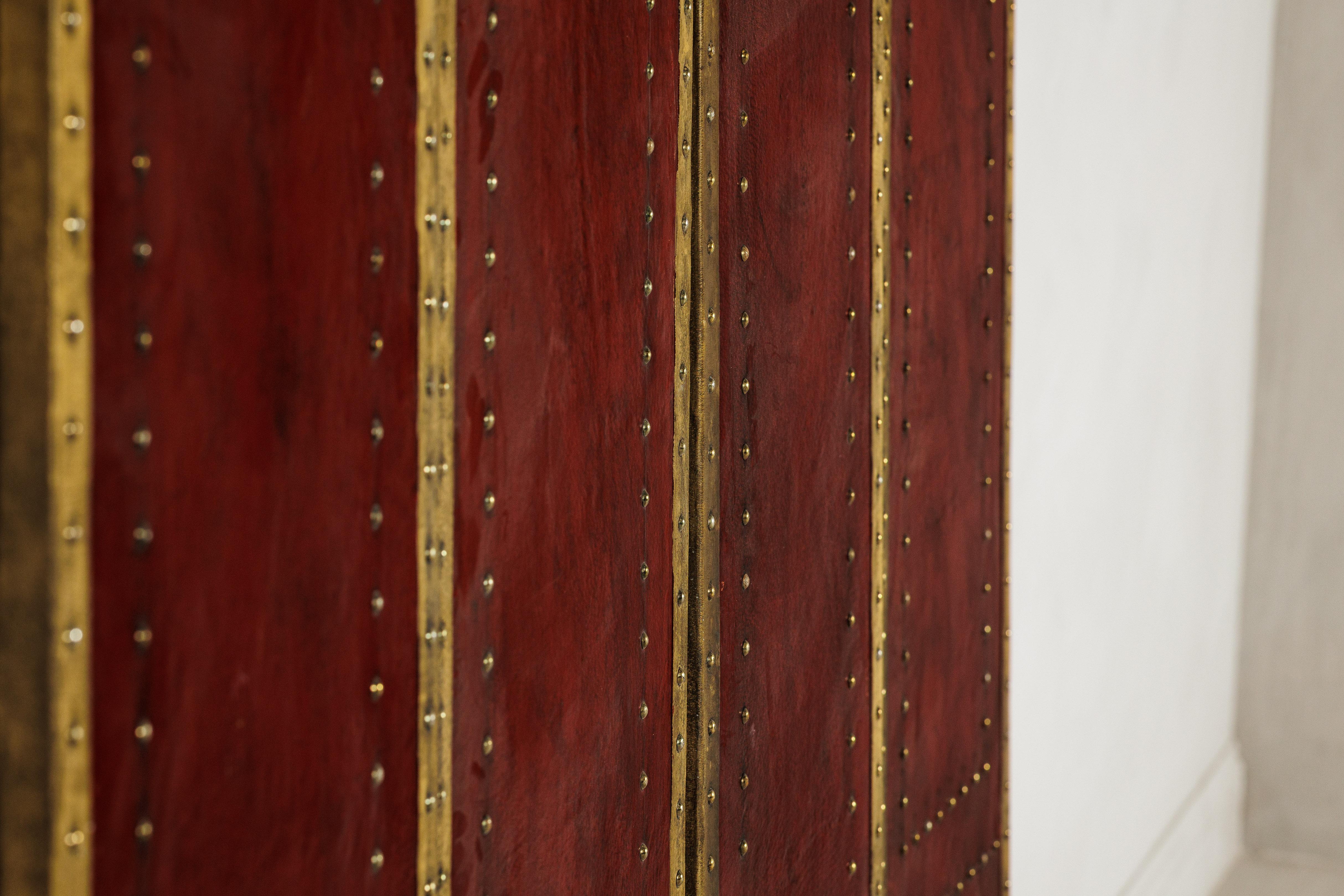 Vintage Chinese Four-Panel Screen in Oxblood Leather with Brass Nailhead Trim For Sale 15