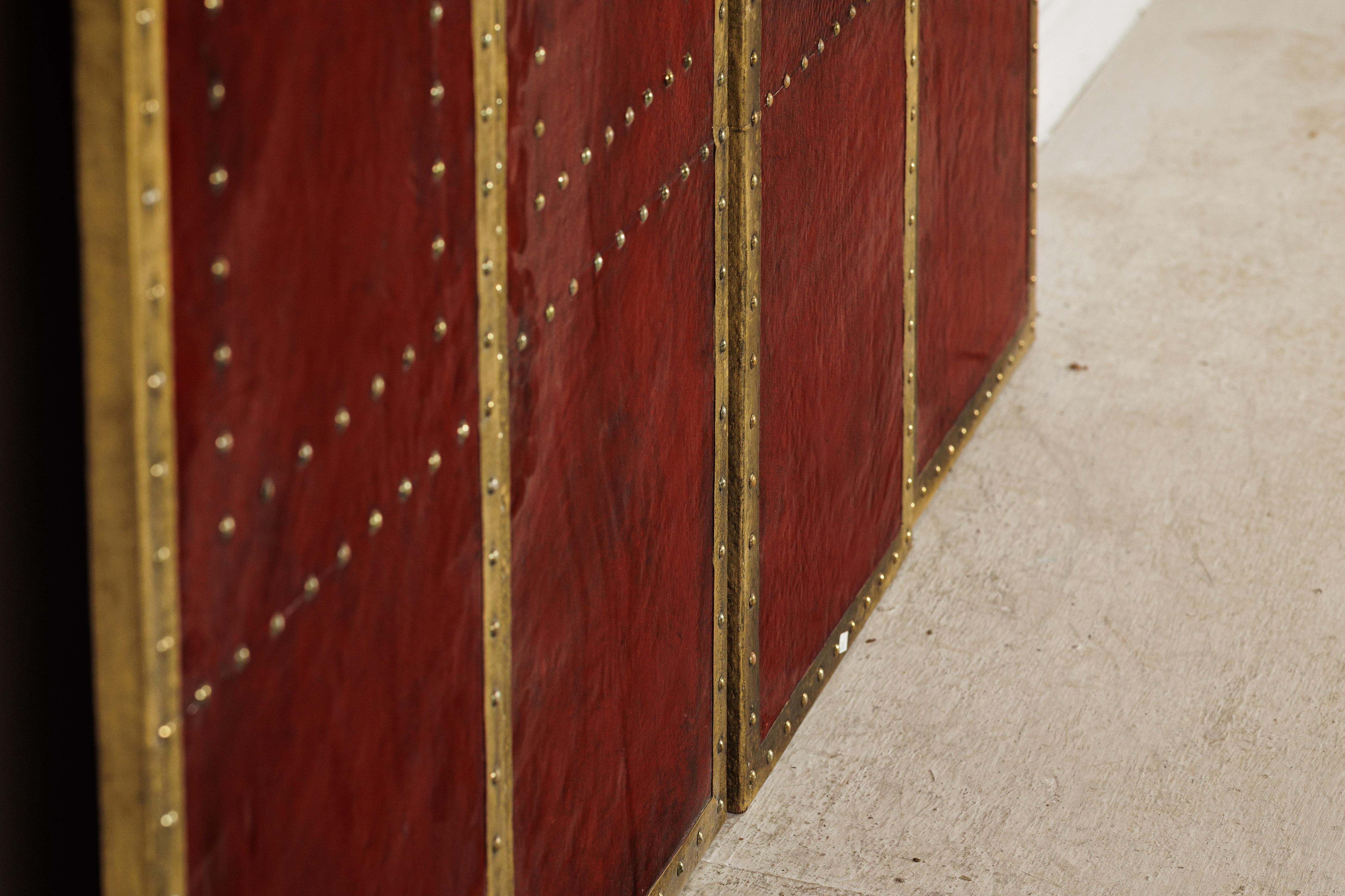 Vintage Chinese Four-Panel Screen in Oxblood Leather with Brass Nailhead Trim For Sale 16