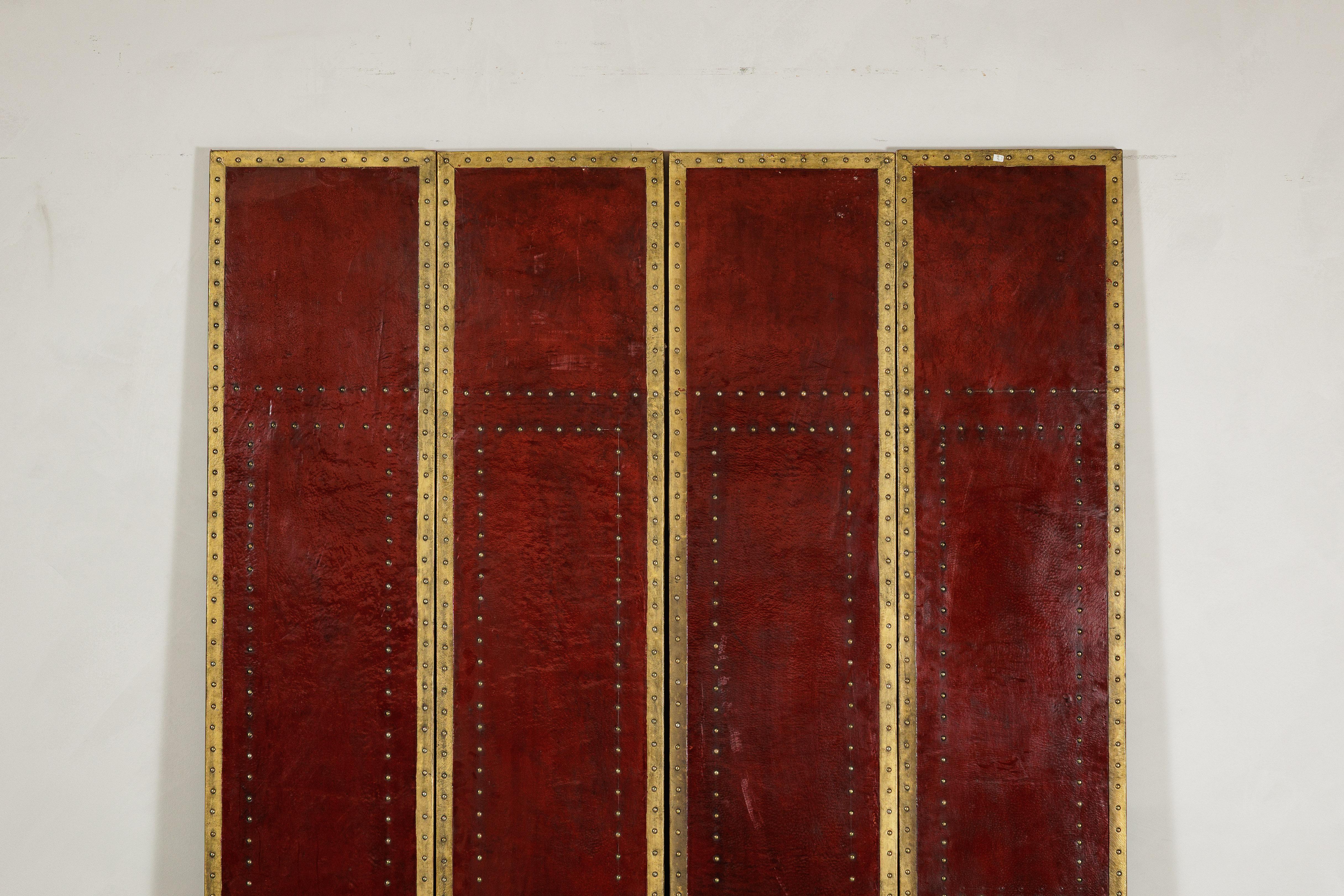 Vintage Chinese Four-Panel Screen in Oxblood Leather with Brass Nailhead Trim In Good Condition For Sale In Yonkers, NY