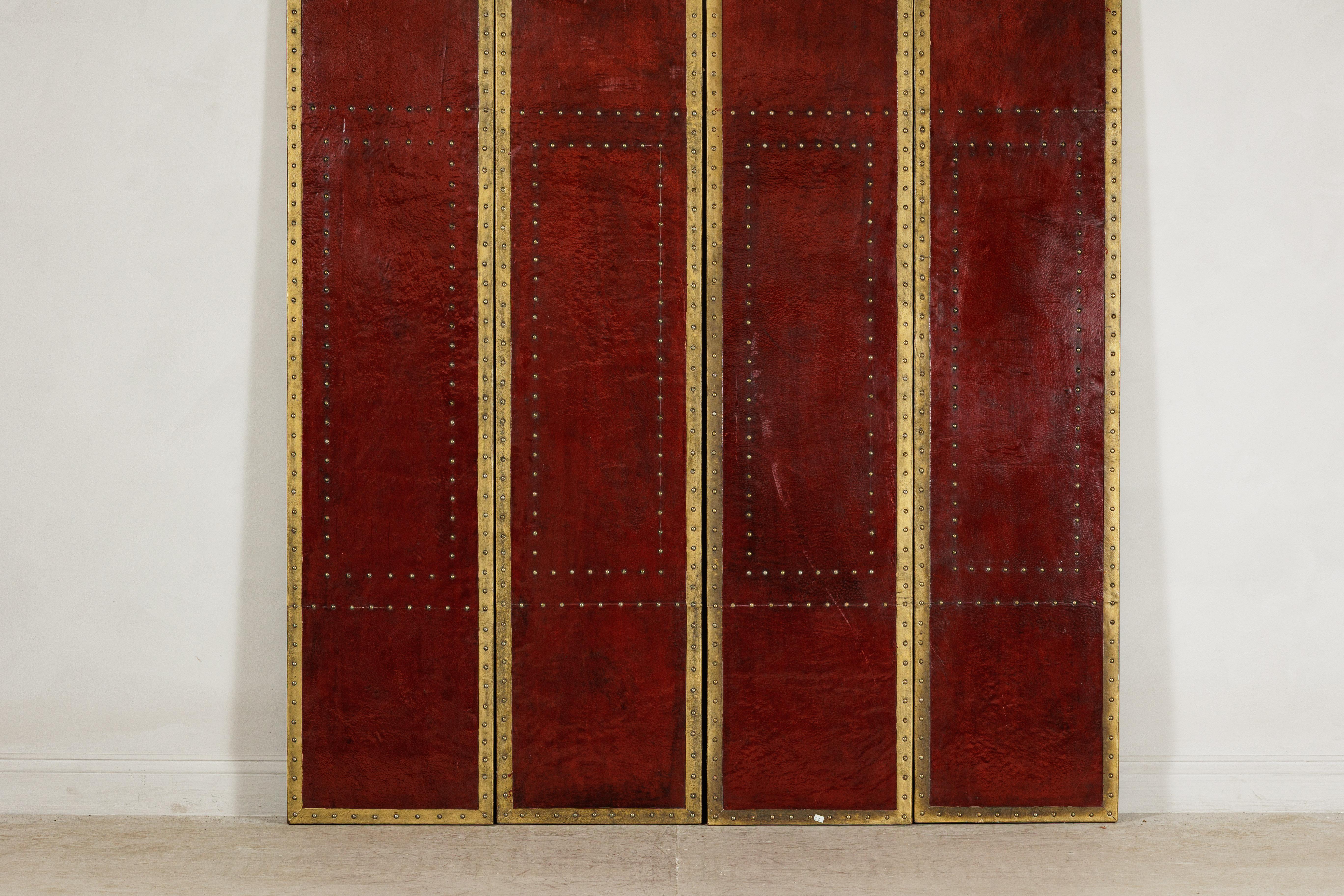 20th Century Vintage Chinese Four-Panel Screen in Oxblood Leather with Brass Nailhead Trim For Sale