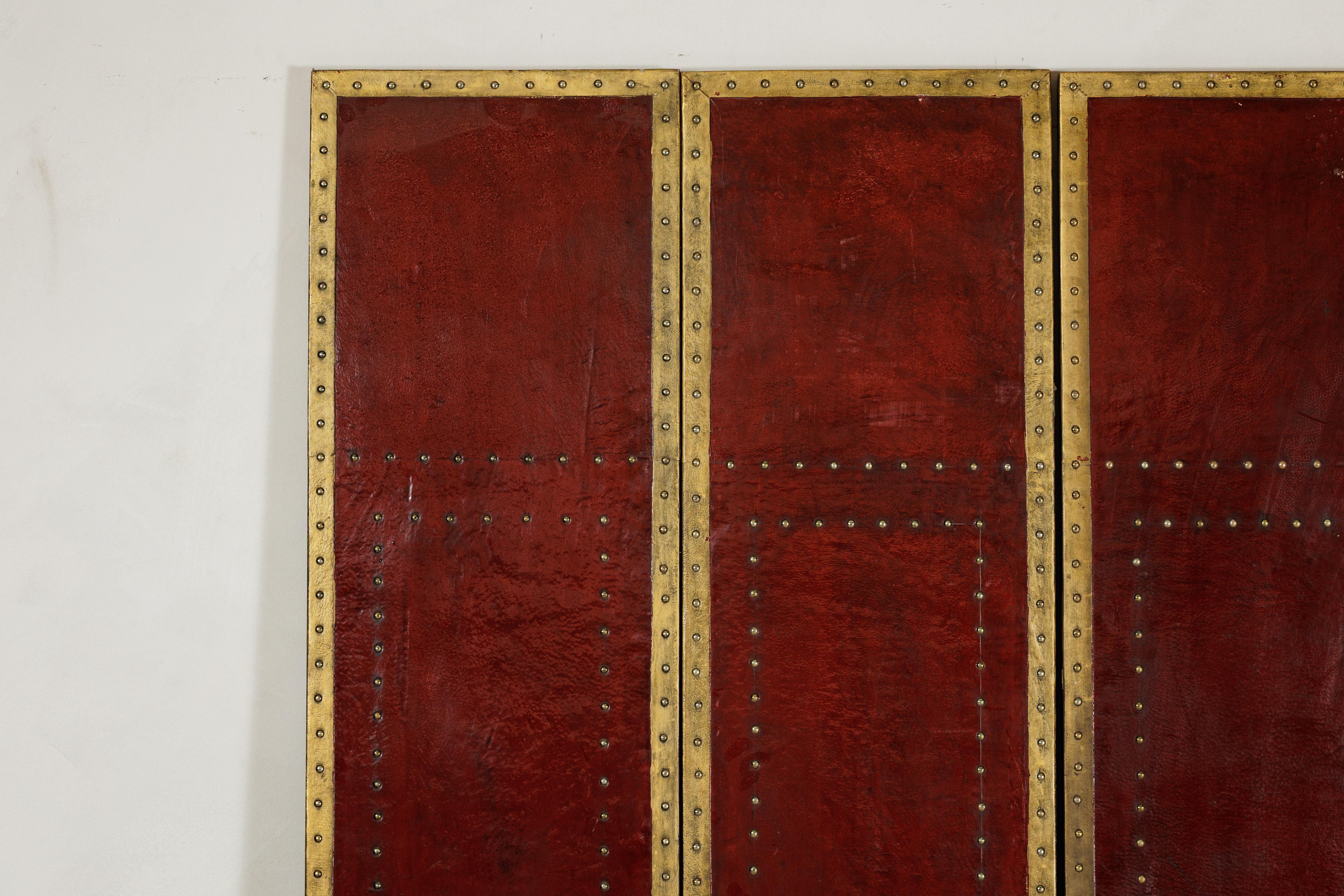 Vintage Chinese Four-Panel Screen in Oxblood Leather with Brass Nailhead Trim For Sale 1