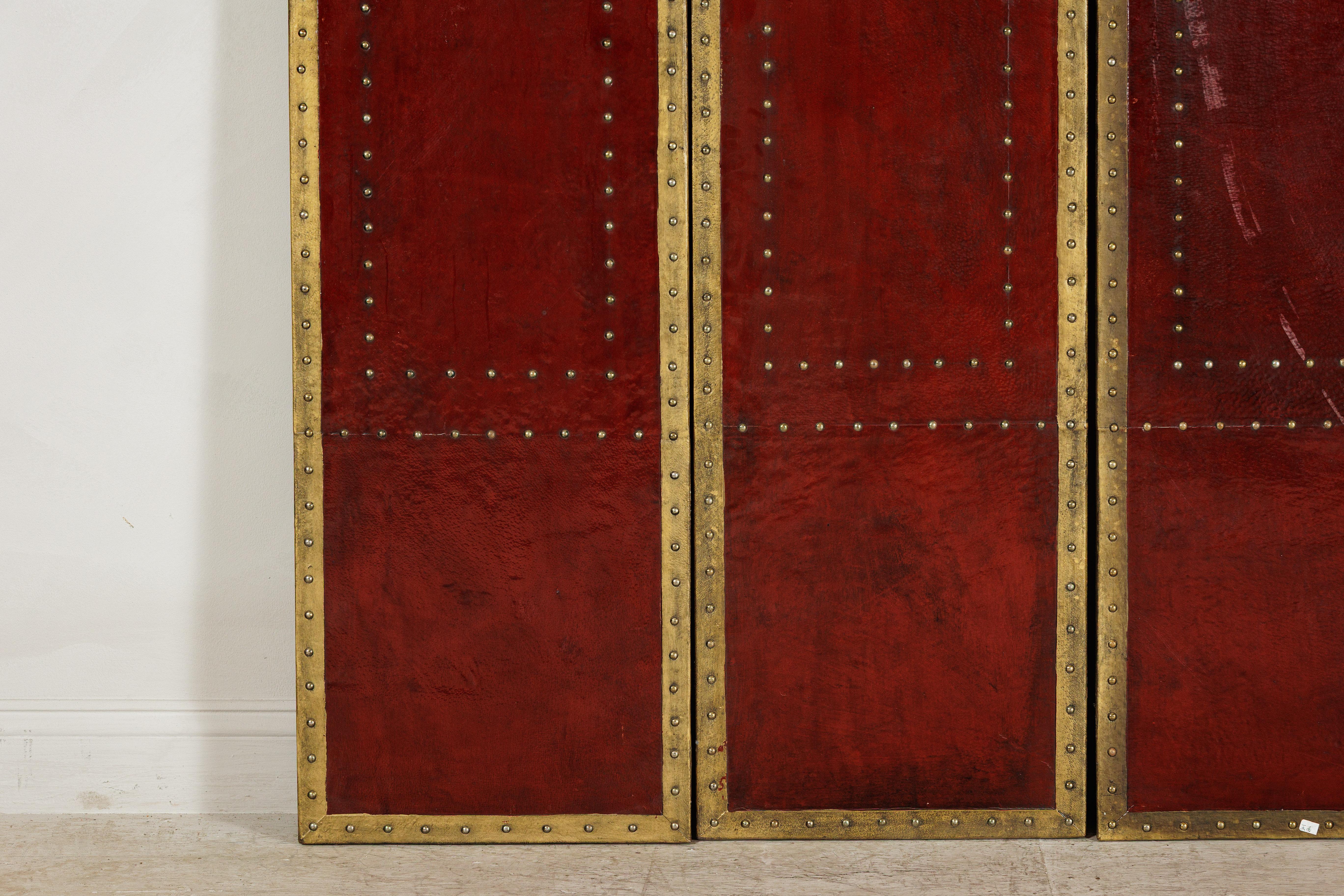 Vintage Chinese Four-Panel Screen in Oxblood Leather with Brass Nailhead Trim For Sale 3