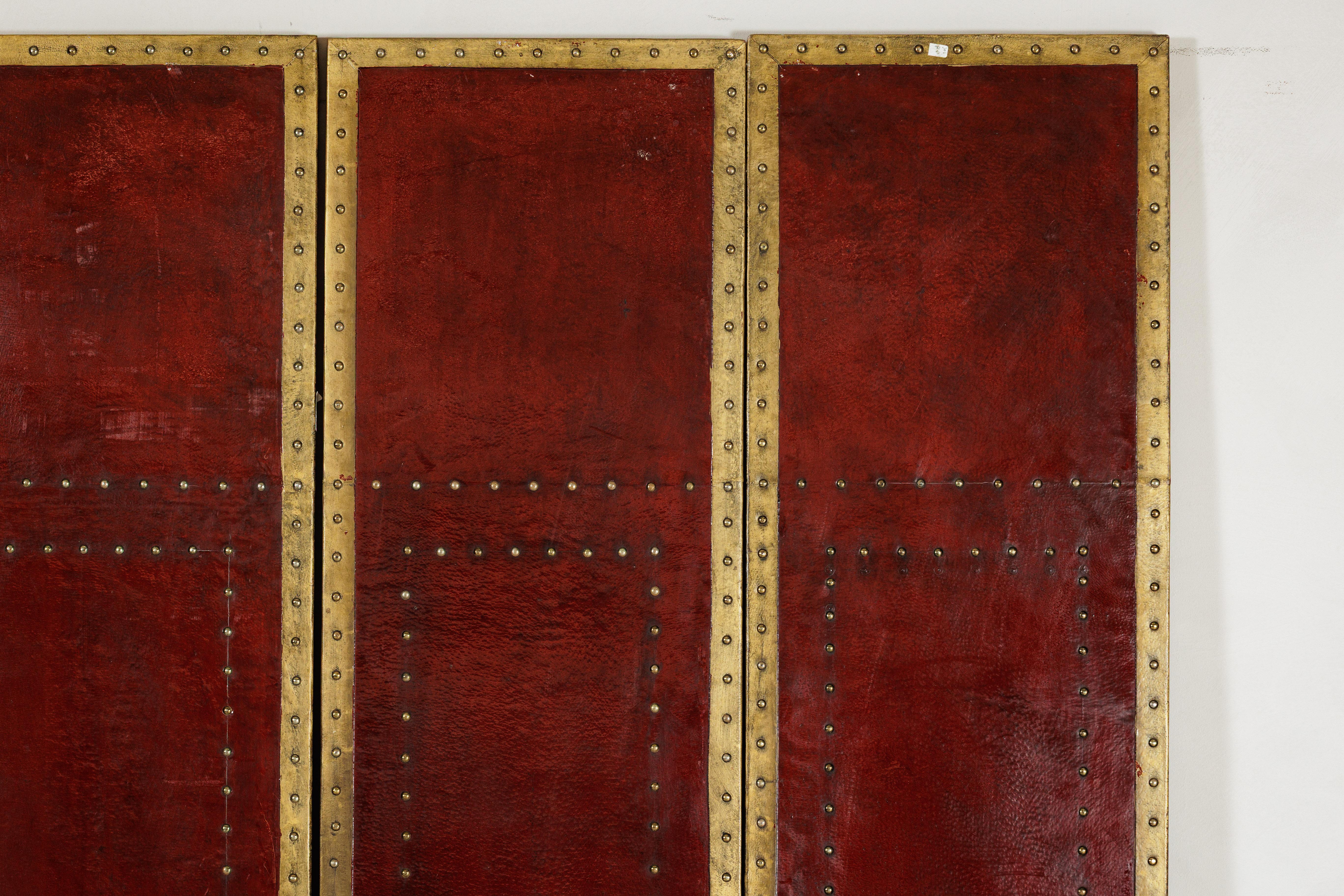Vintage Chinese Four-Panel Screen in Oxblood Leather with Brass Nailhead Trim For Sale 4