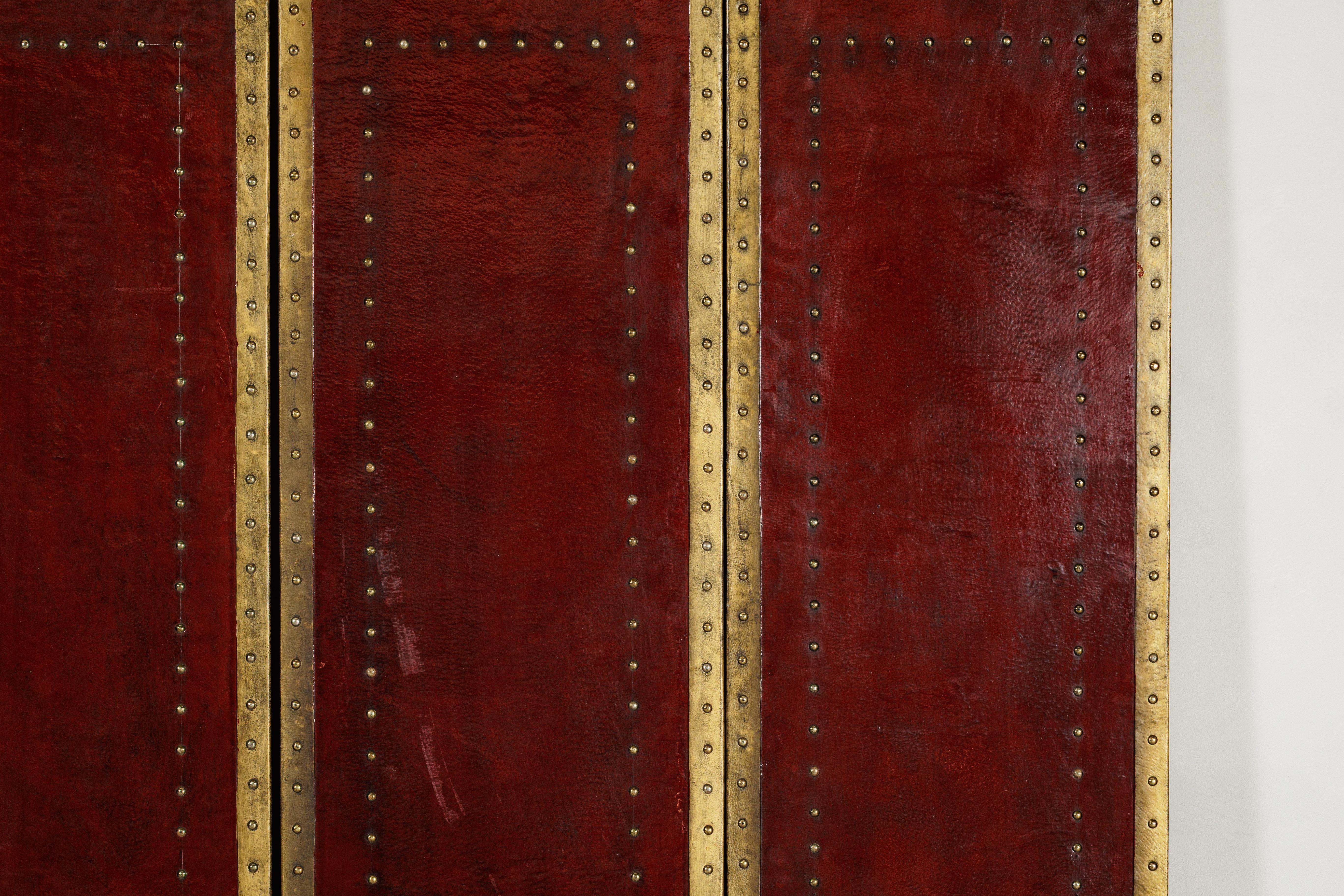Vintage Chinese Four-Panel Screen in Oxblood Leather with Brass Nailhead Trim For Sale 5