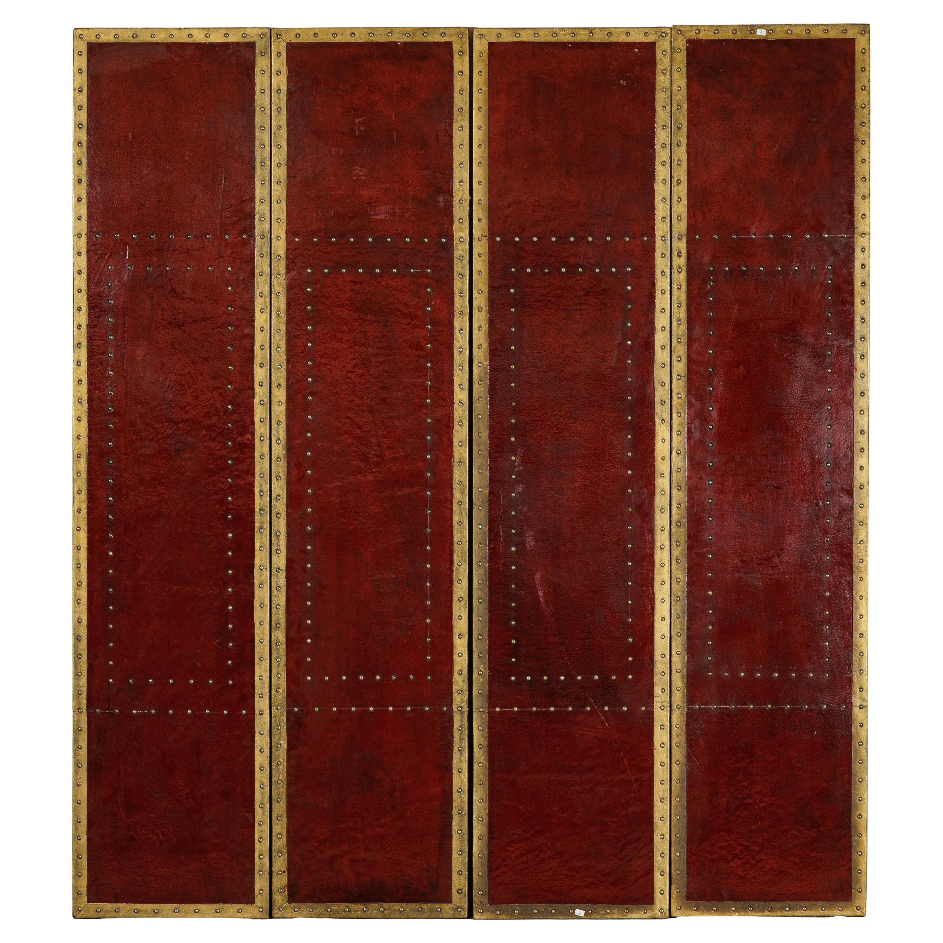 Vintage Chinese Four-Panel Screen in Oxblood Leather with Brass Nailhead Trim For Sale
