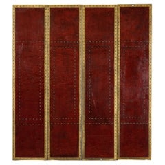 Vintage Chinese Four-Panel Screen in Oxblood Leather with Brass Nailhead Trim