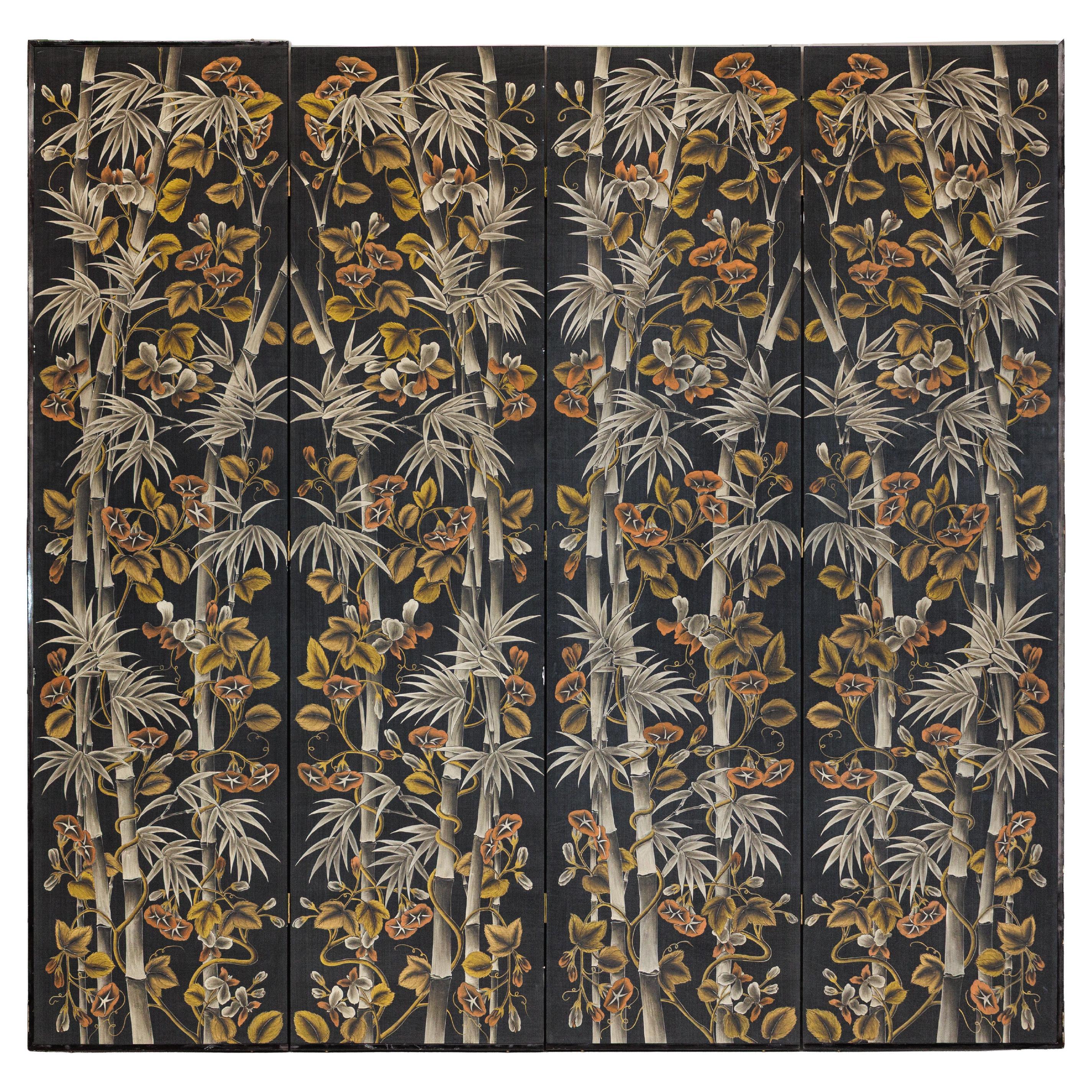 Paravento cinese vintage a quattro pannelli con motivi floreali e di bambù