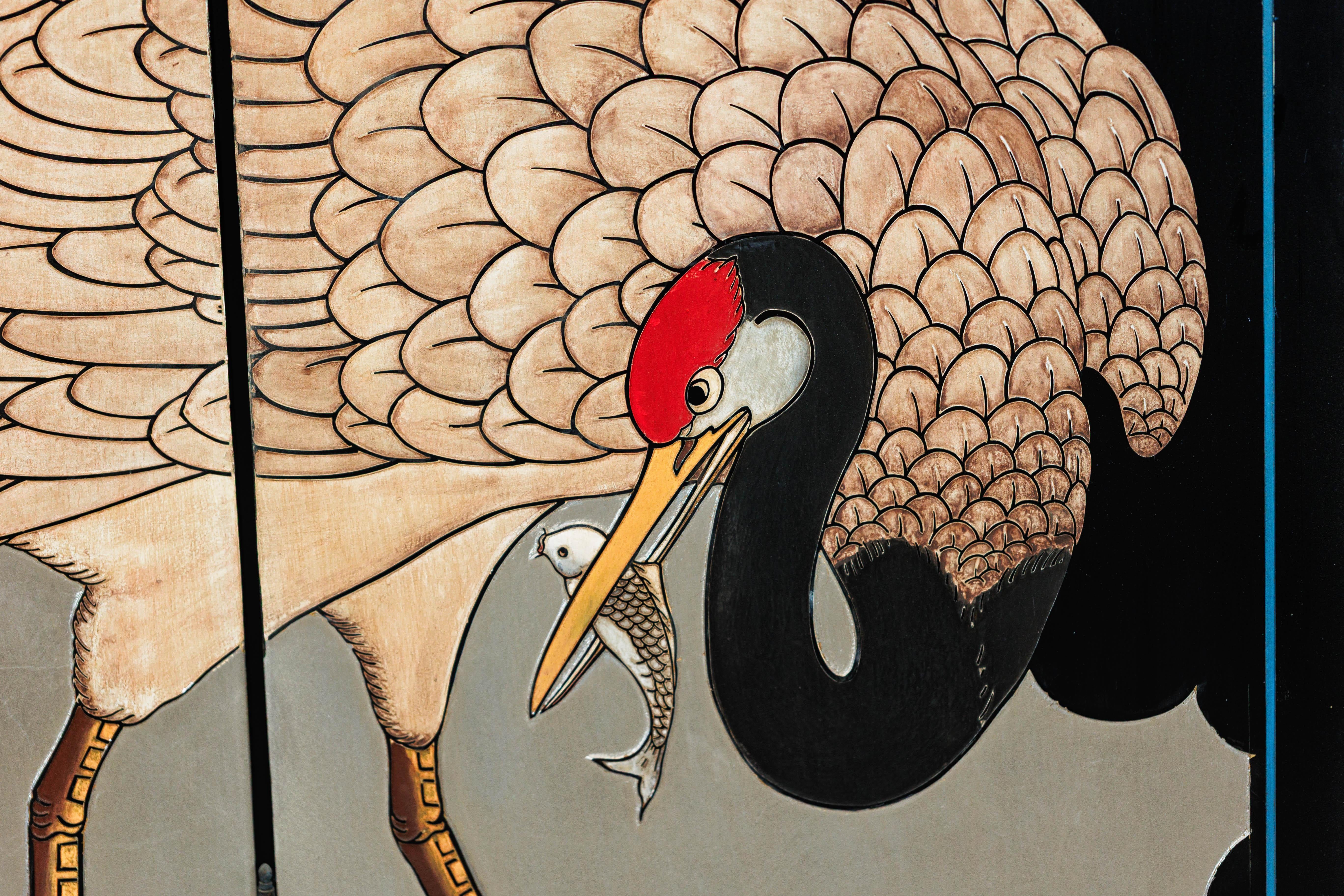 Vintage Chinese Four-Panel Screen with Silver Ground and Hand-Painted Cranes For Sale 4