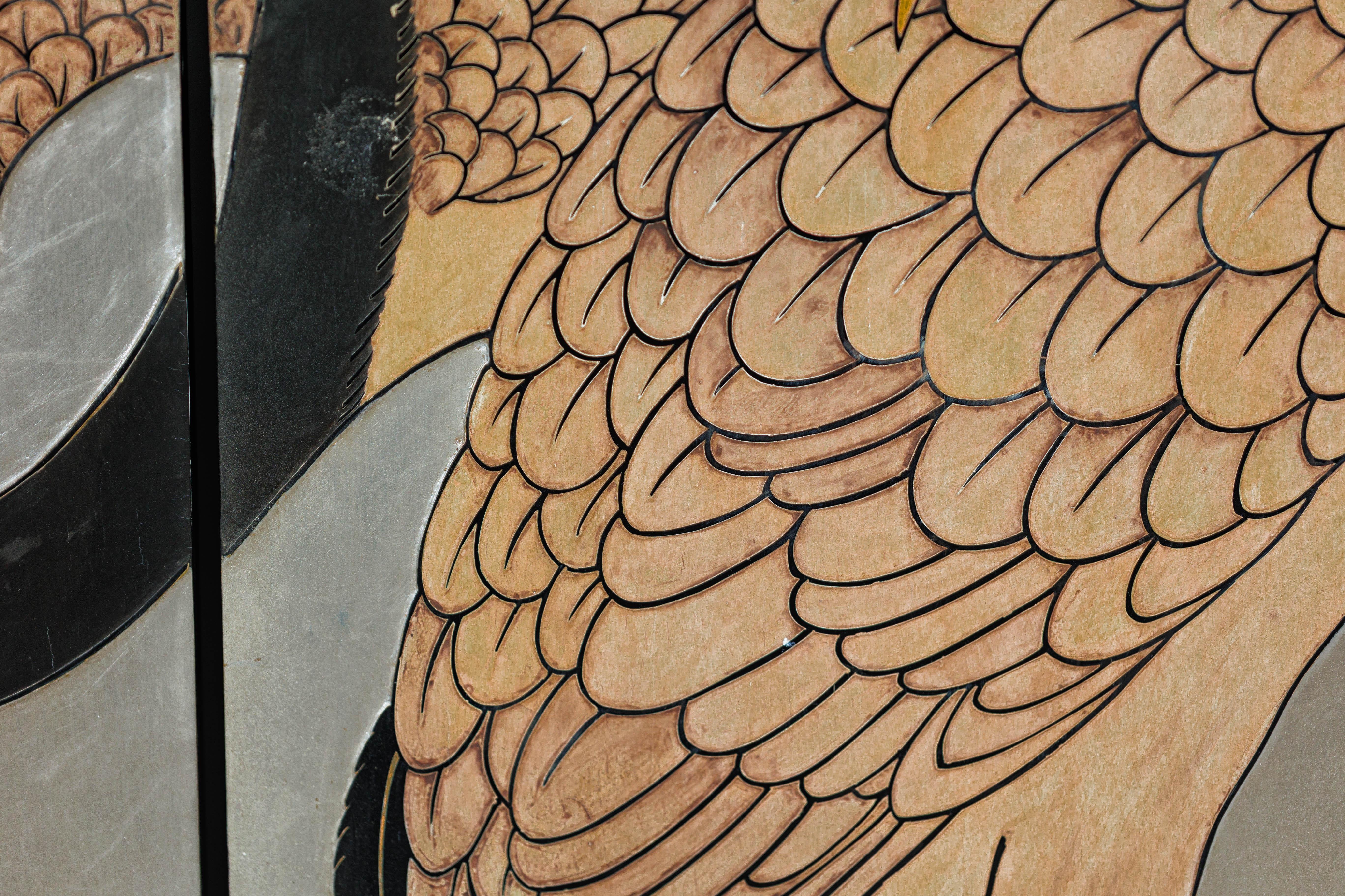 Vintage Chinese Four-Panel Screen with Silver Ground and Hand-Painted Cranes For Sale 5